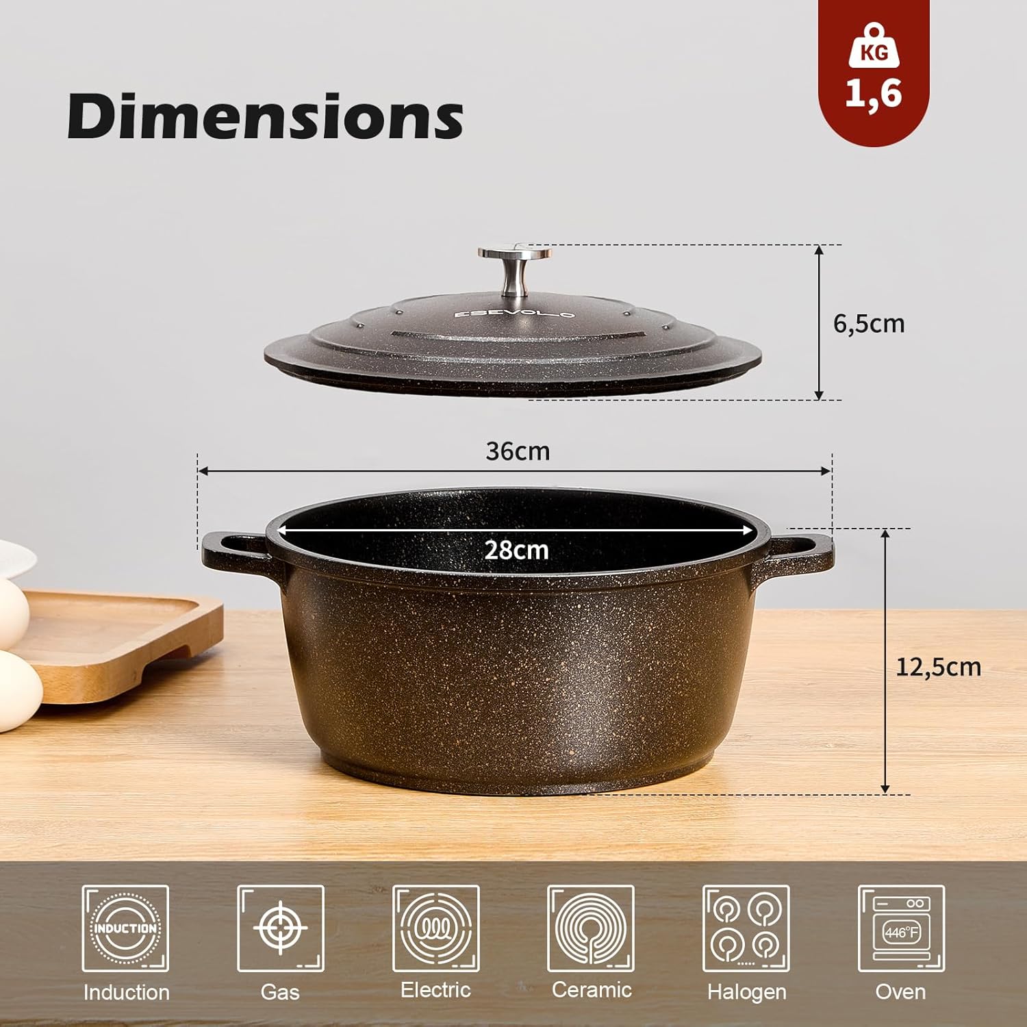 Cocotte en fonte d’aluminium - 28cm - 6,3L, antiadhésif, induction, couvercle