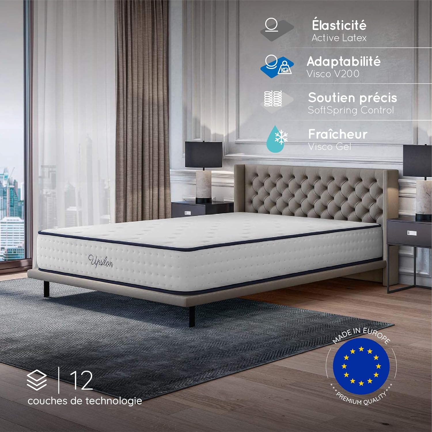 COSMOS - Upsilon Matelas hybride 140x190, mémoire de forme, 30cm, 7 zones