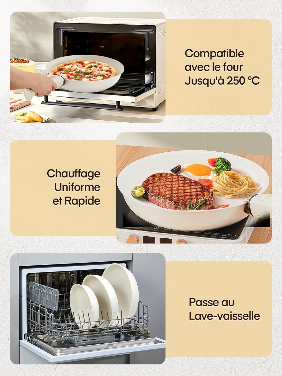 FOHERE - Lot de 3 poêles amovibles - 20/24/28cm - tous feux, four, lave-vaisselle