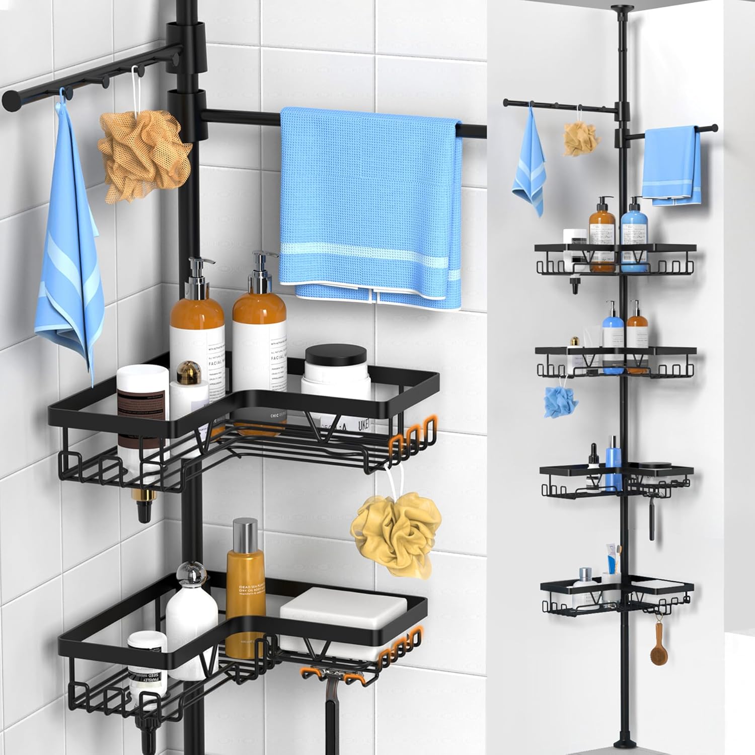 Etagere Douche - angle télescopique, inox, porte-serviette, crochets, noir