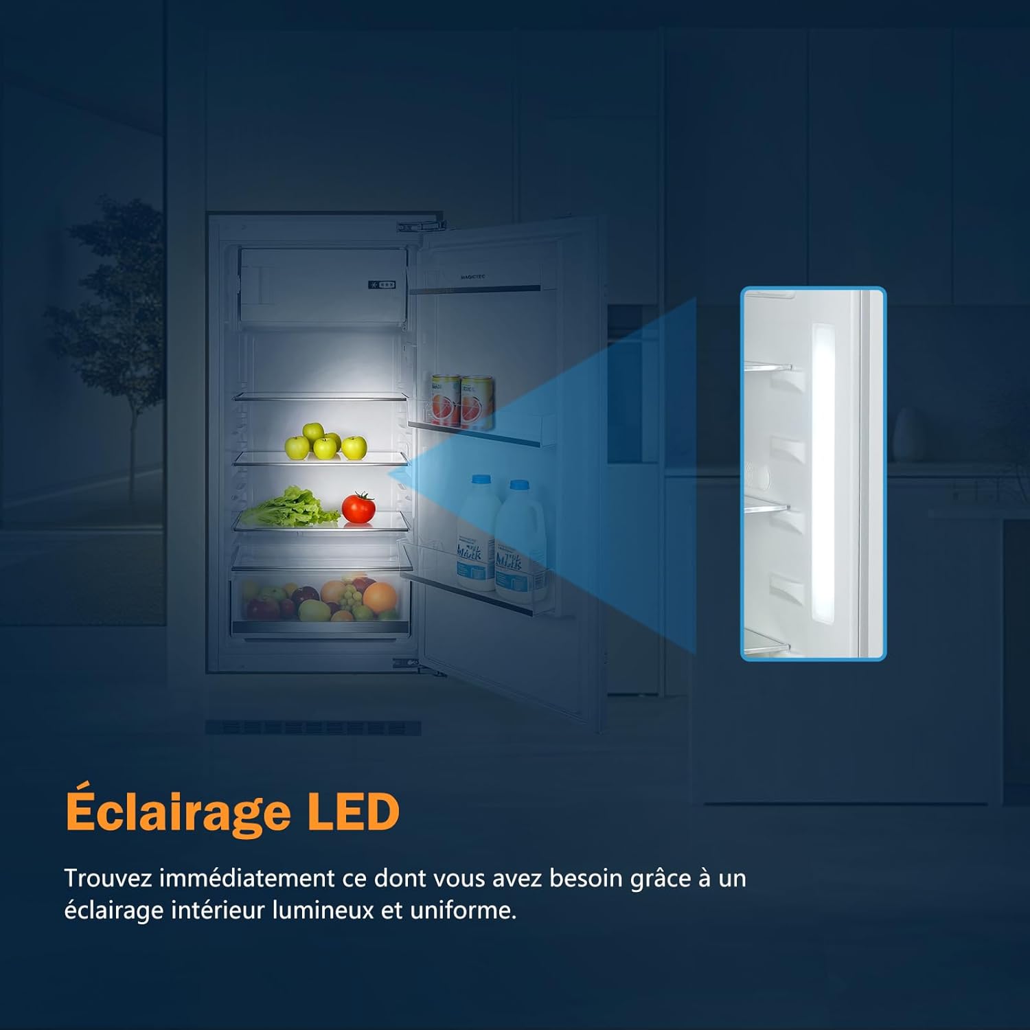 magictec - Réfrigérateur encastrable 188L, niche 122cm, congélateur, poignées interchangeables