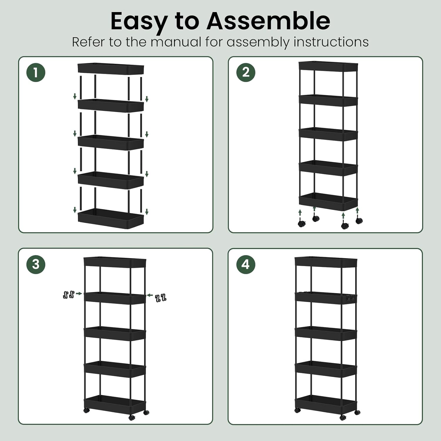 Chariot de rangement à roulettes 5 niveaux, plastique et métal, 4 crochets, noir