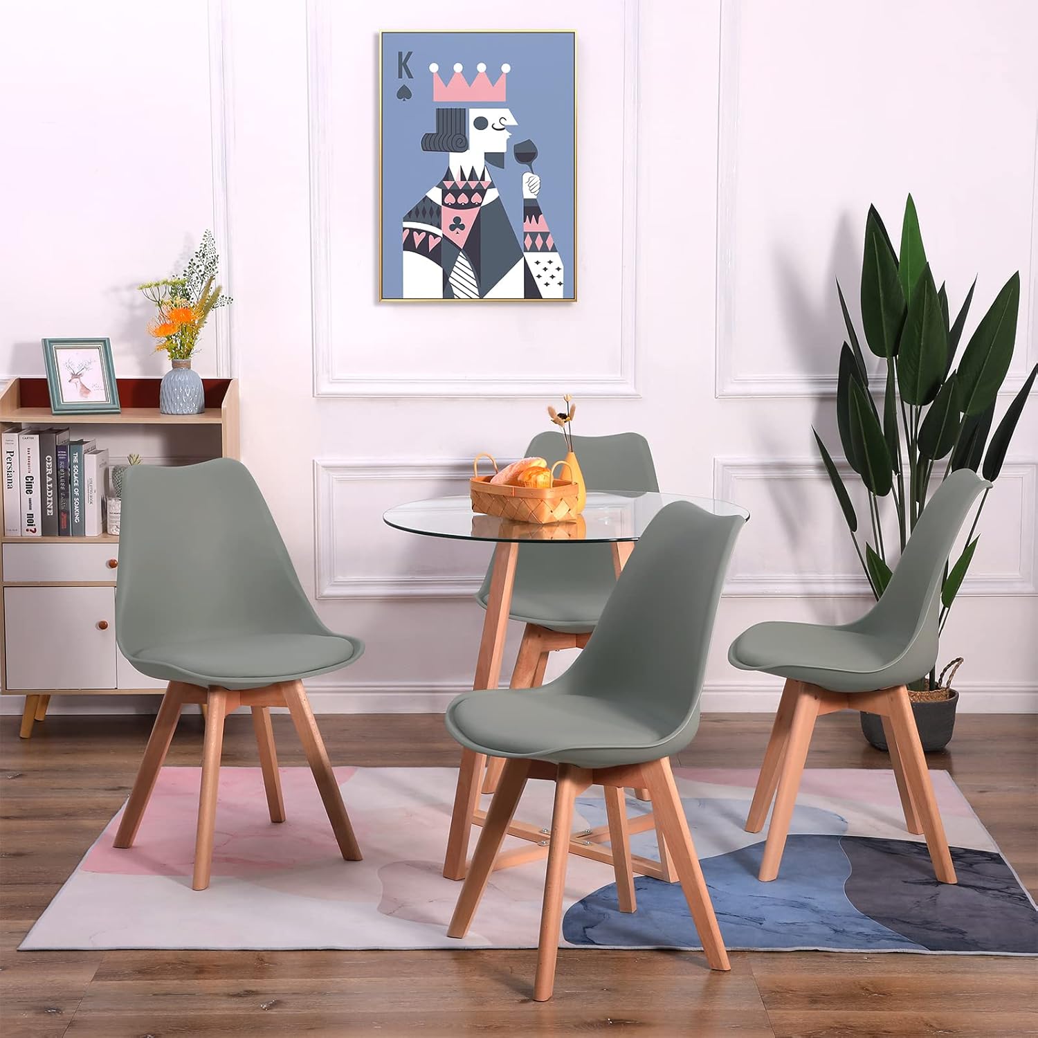 EGGREE - Lot de 4 chaises salle à manger - bois hêtre, rembourrées, grises