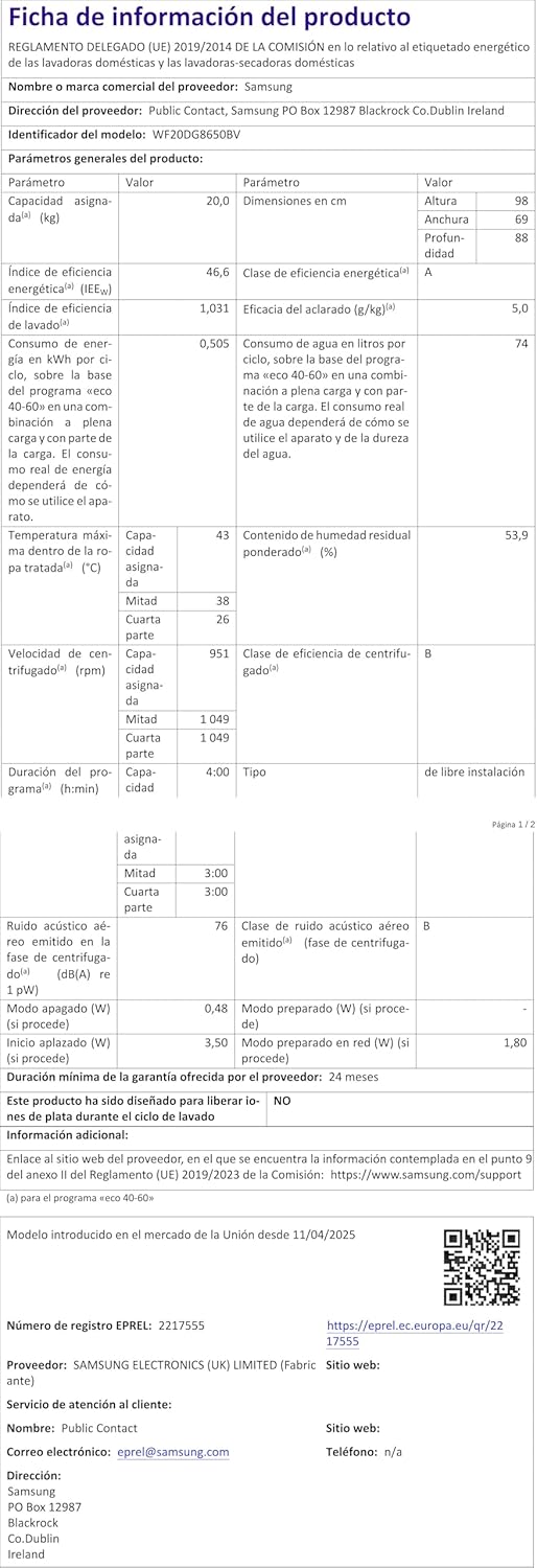 Samsung - lave-linge frontal série 8600 - grande capacité, EcoBubble - WF20DG8650BV
