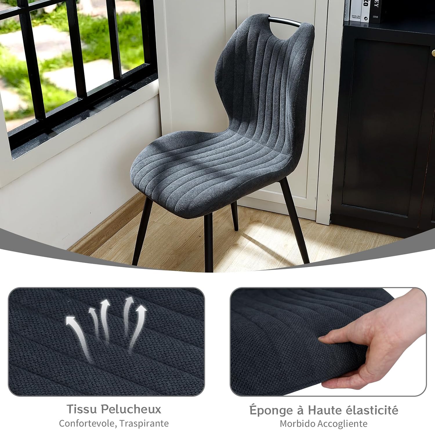 Chaises de salle à manger - lot de 4 - tissu gris foncé, pieds métal, dossier ergonomique - 47x54x85 cm