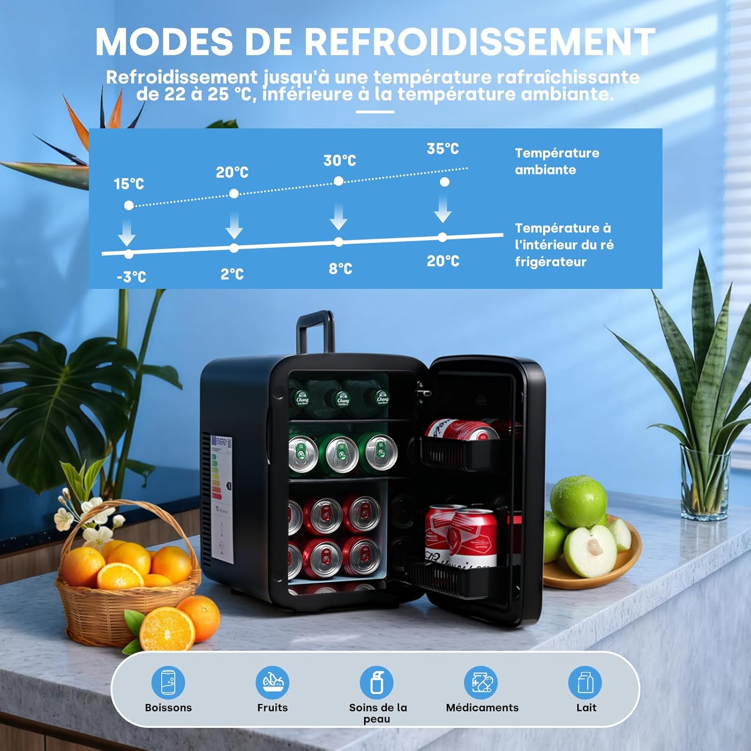 Enventor - Mini Frigo 15L, modes chaud/froid, portable, silencieux