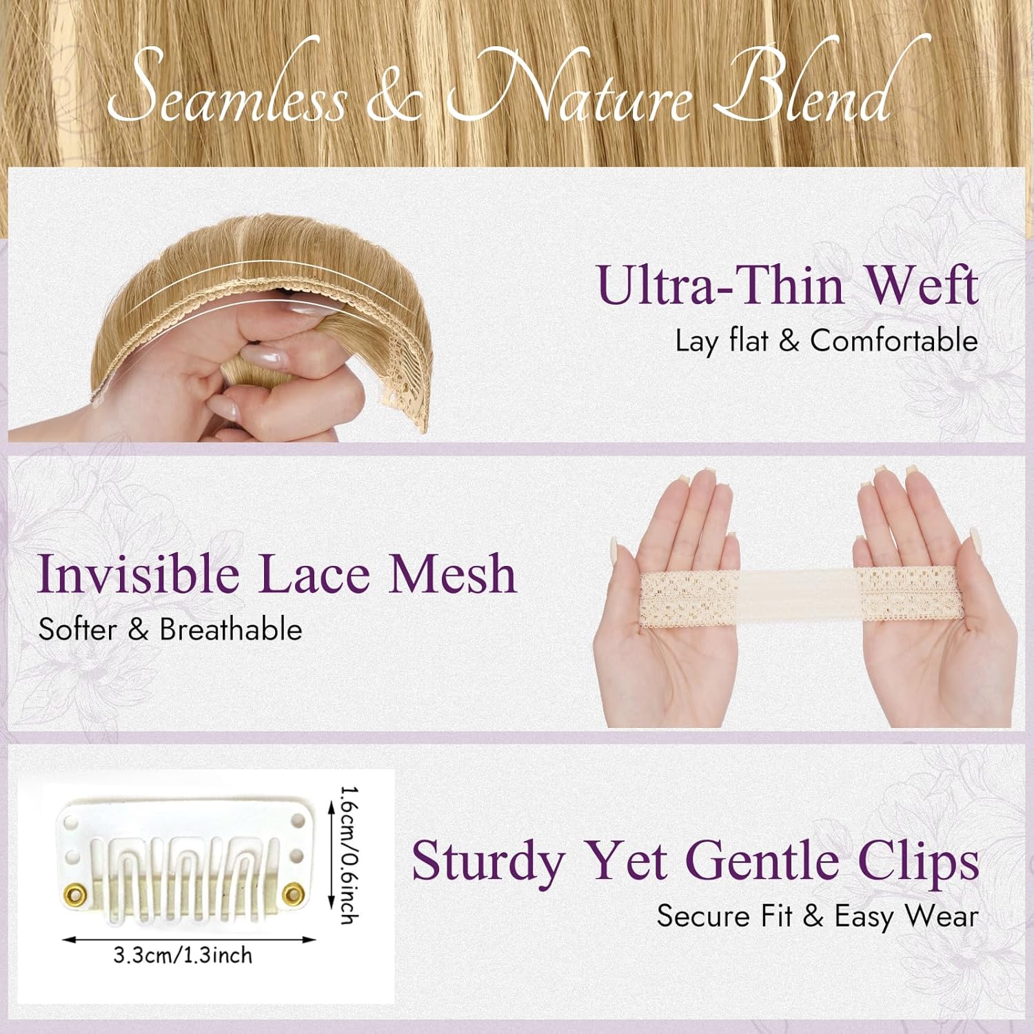 BARSDAR - Extensions à clips ondulées 50cm, blond cendré, lot de 5, synthétique