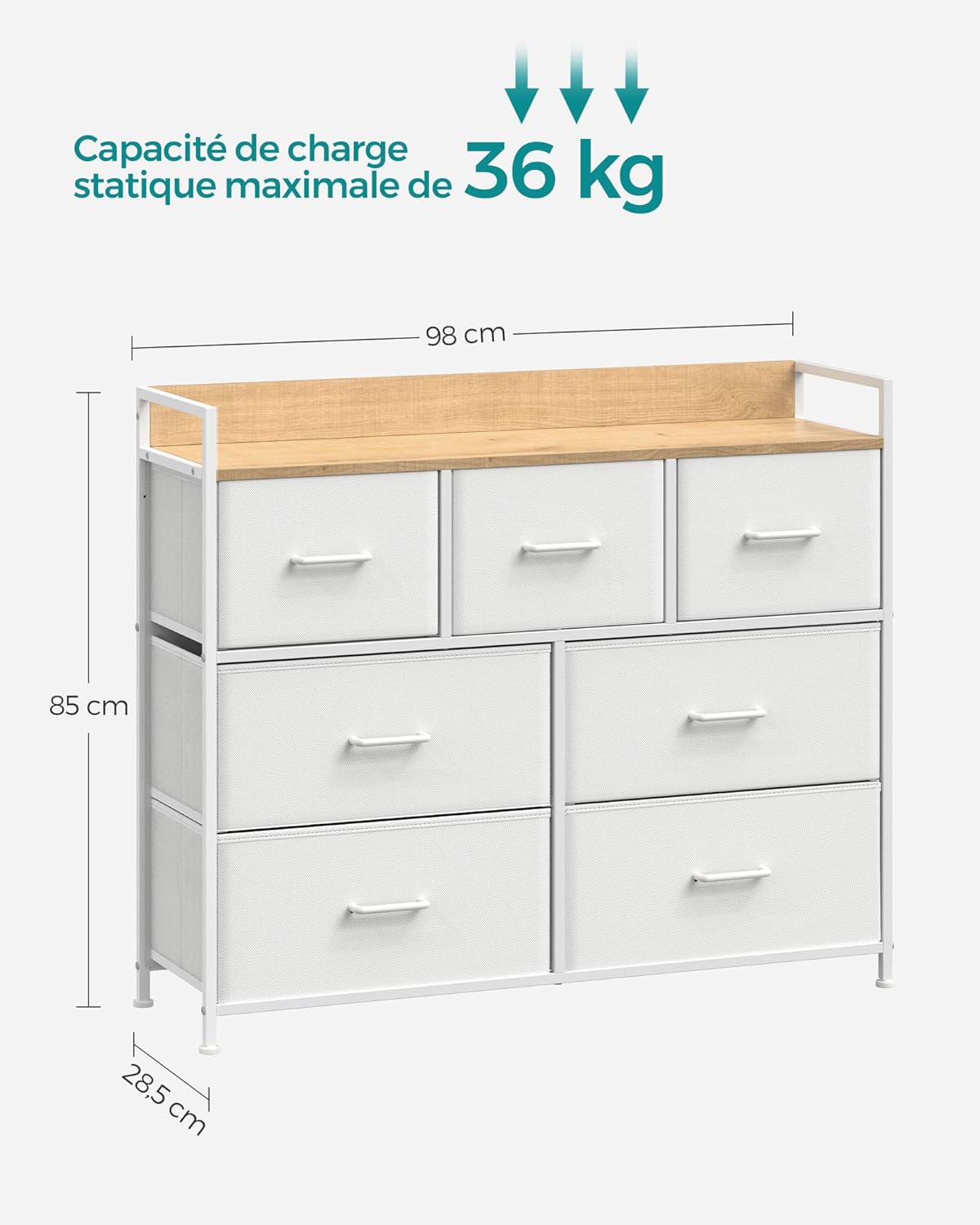 SONGMICS - commode 7 tiroirs tissu, métal, blanc/beige, style moderne, LTS523W57