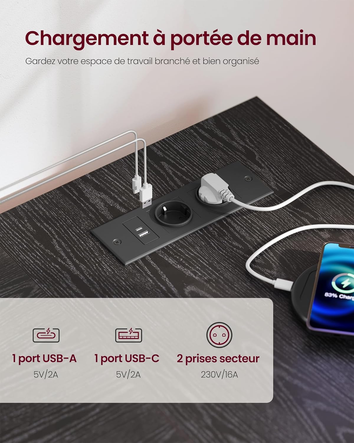 VASAGLE - Bureau L Gaming - 120x80 cm - rangement, prises USB - LWD132BE01