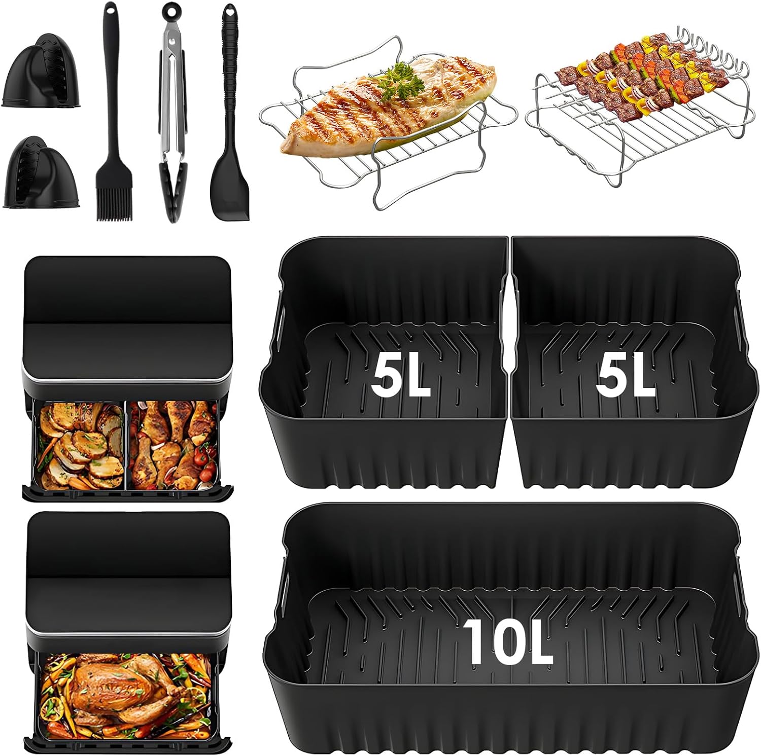 Accessoires Air Fryer - silicone réutilisable, racks, paniers, pour Cosori 10L