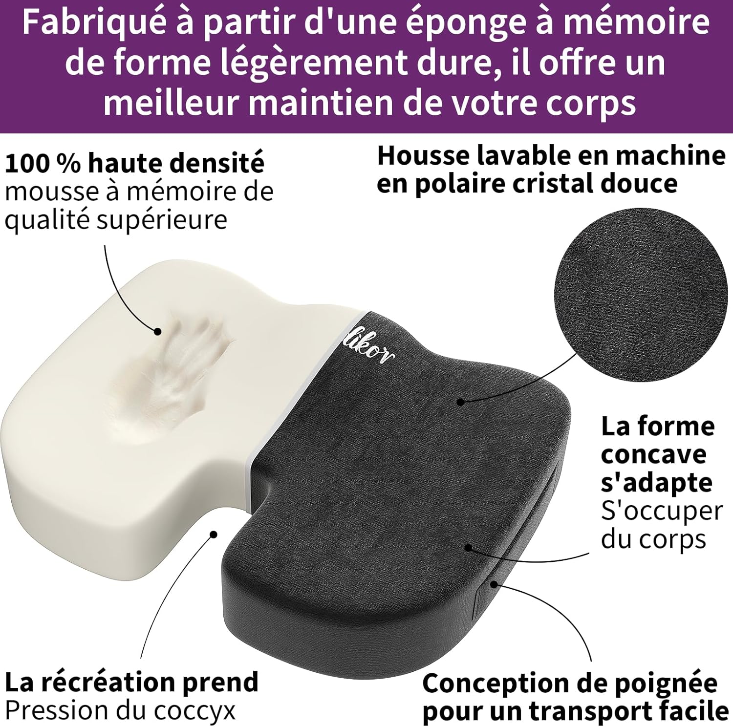 Coussin coccyx - ergonomique mousse mémoire, antidérapant, noir