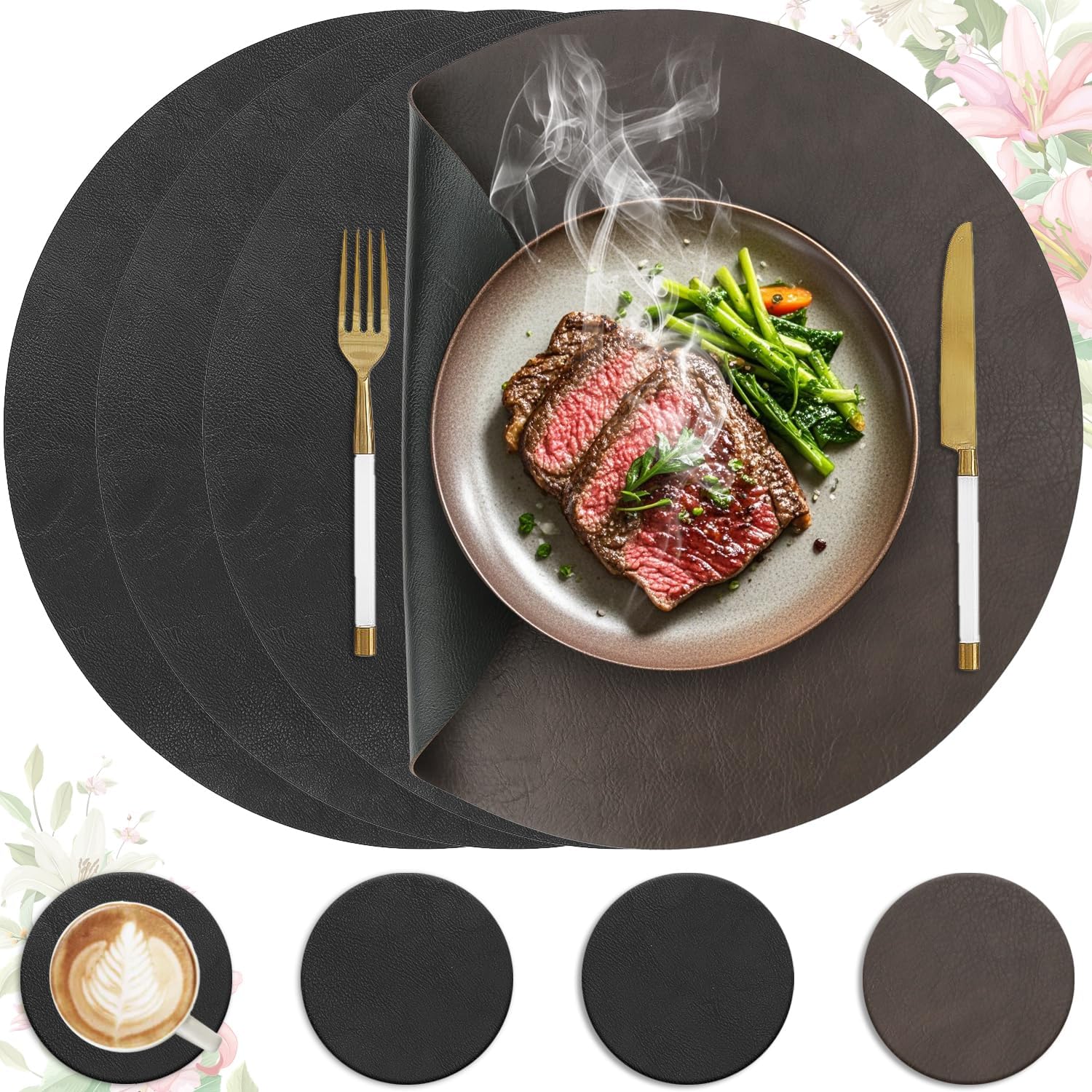 Set de table - rond double-face 36x36cm - lavable, antidérapant, lot de 4