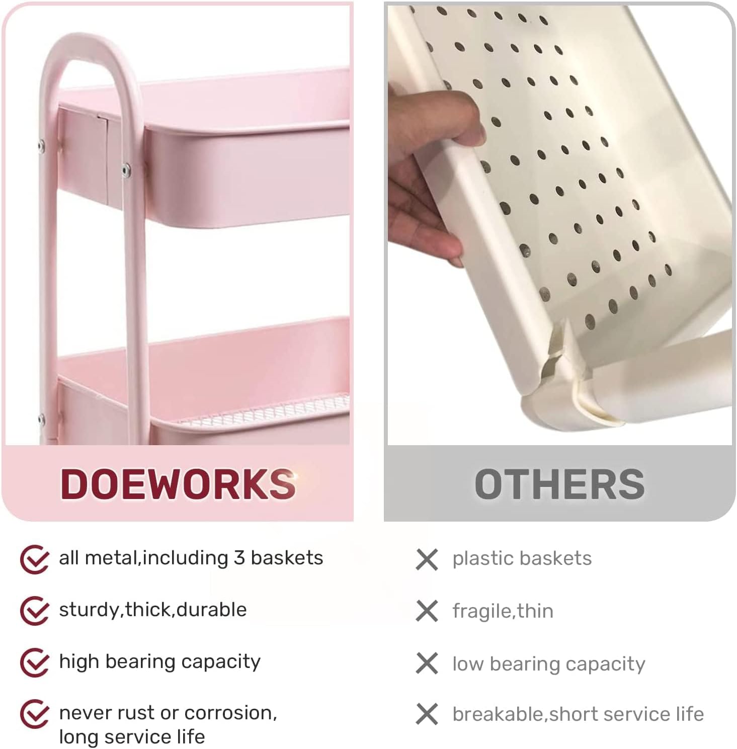 DOEWORKS - Chariot 3 niveaux métal, roulettes, cuisine/bureau, rose