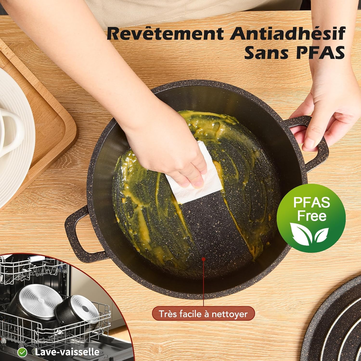 Cocotte fonte ronde 24cm, 4,5L, revêtement antiadhésif, induction