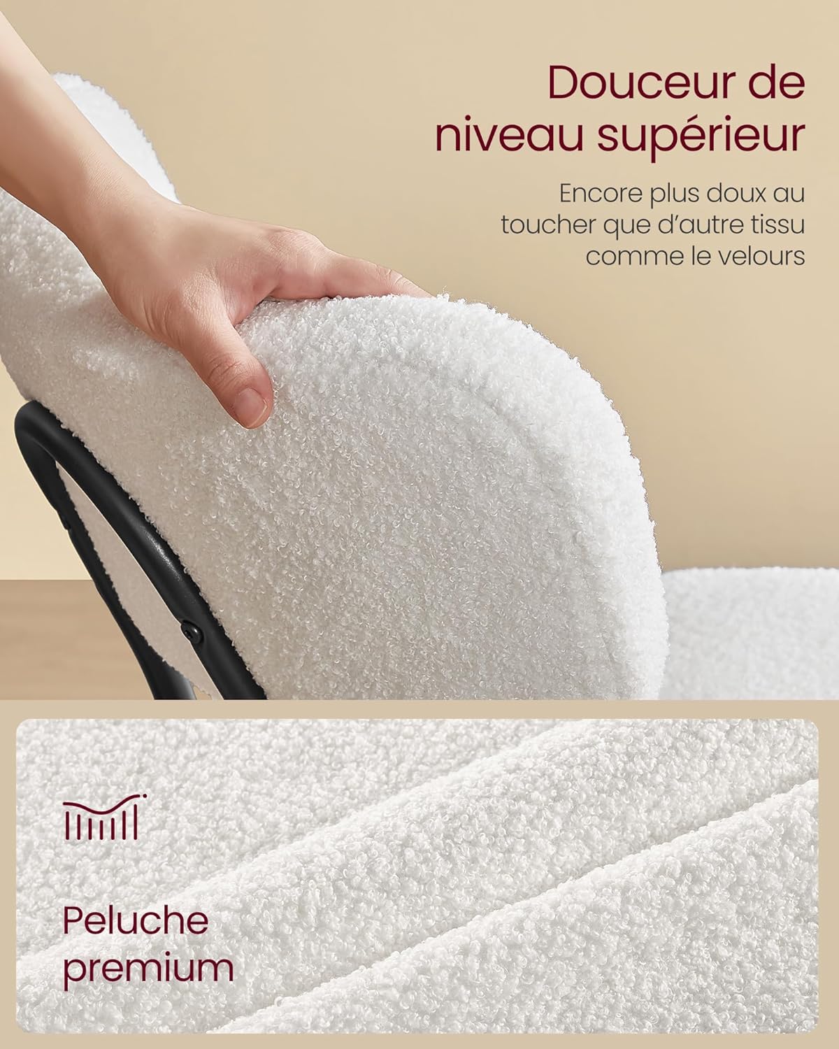 VASAGLE - chaises salle à manger lot de 6, tissu peluche, dossier courbé, cadre acier, blanc crème KDC110W16