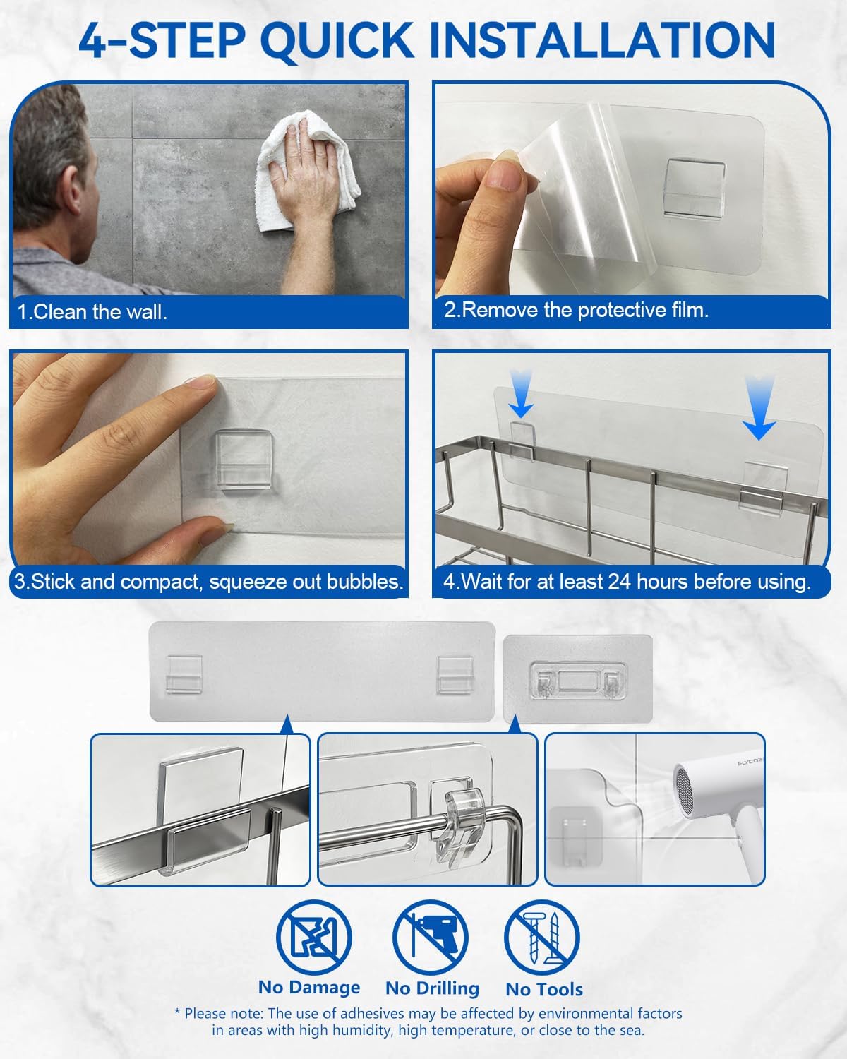 AceMining - 4 Pack salle de bain inox, étagère adhésive, sans perçage