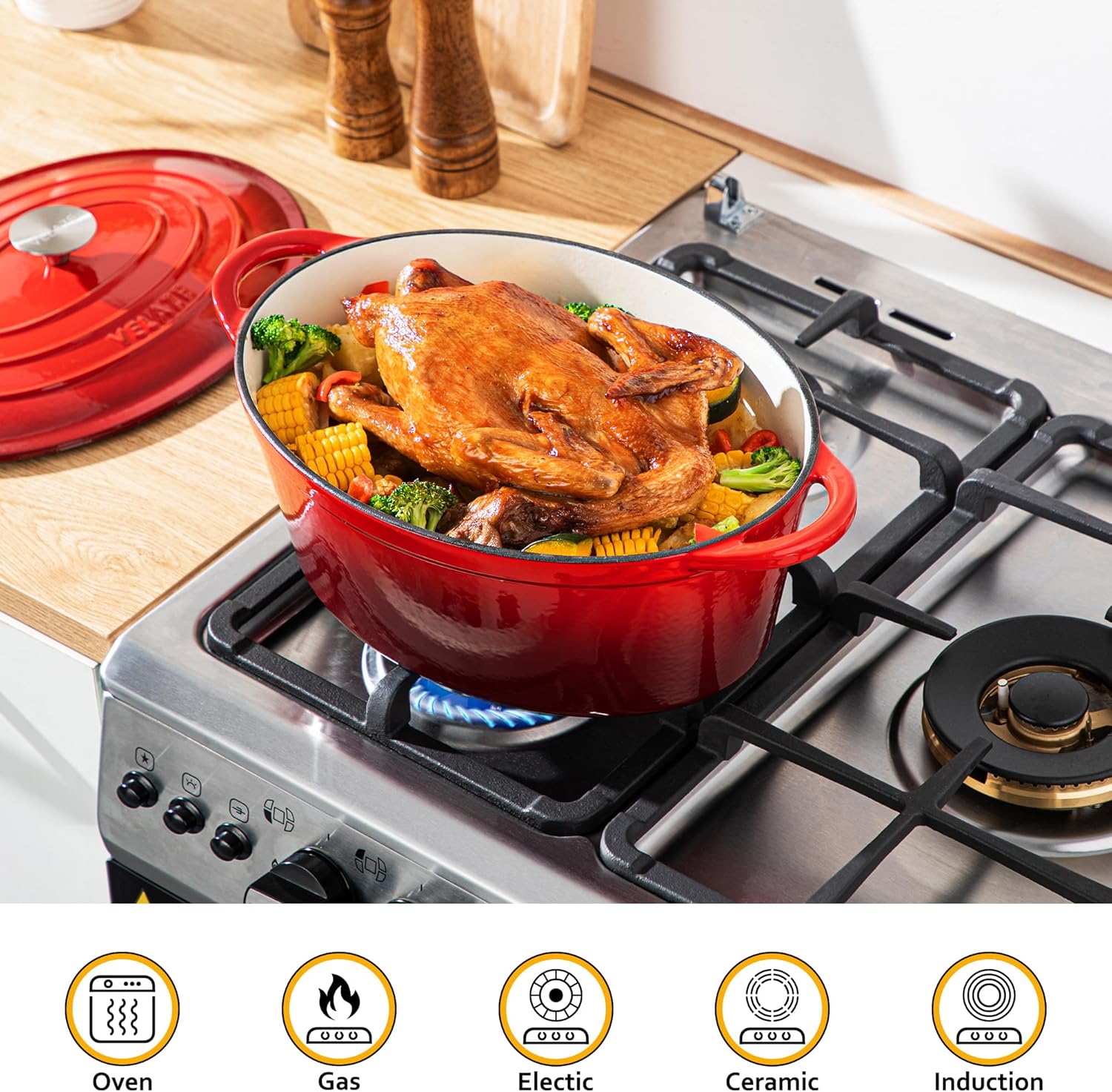 Velaze - cocotte fonte émaillée 7L 34cm, induction, couvercle rouge