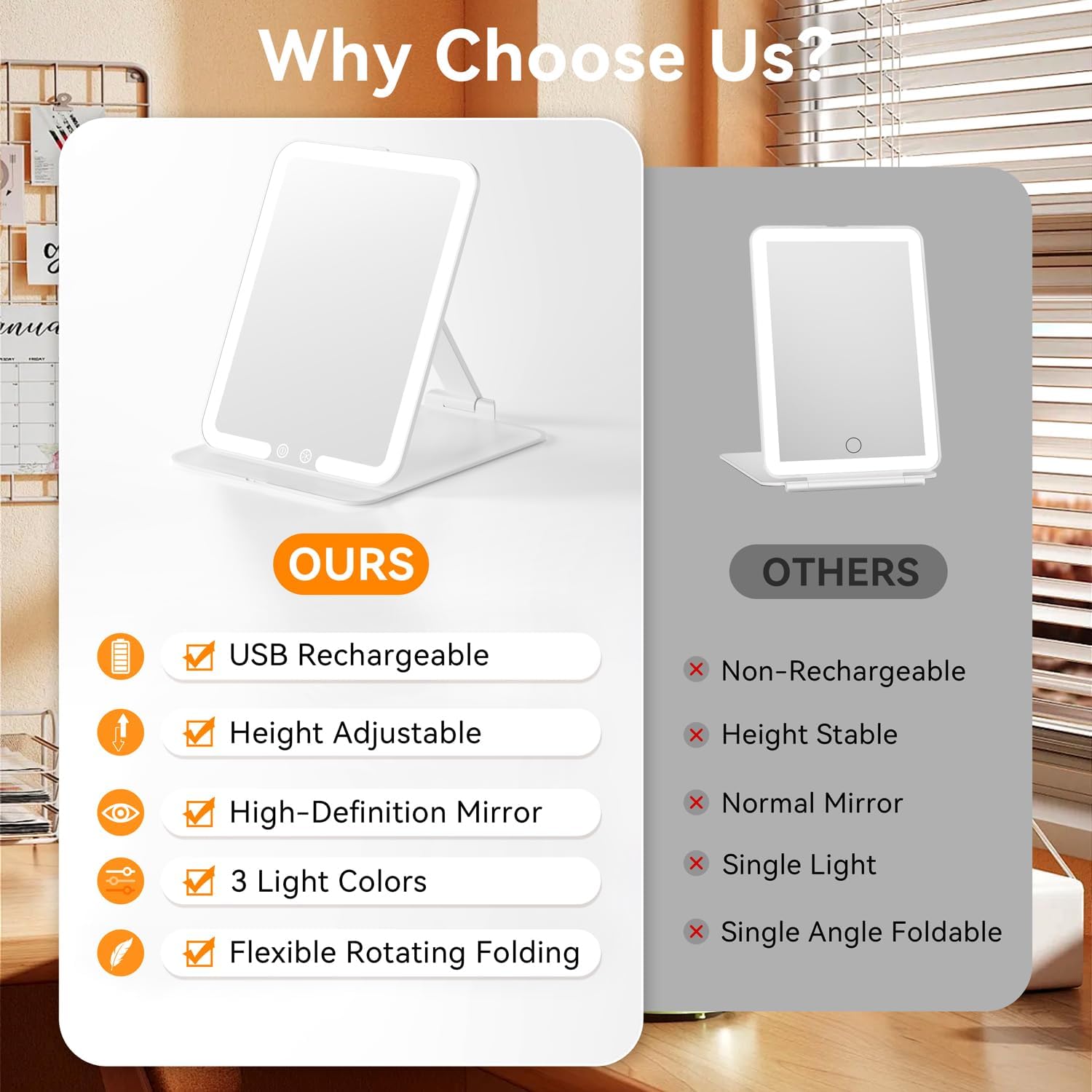 Auxmir - Miroir maquillage LED USB, écran tactile, 3 lumières, compact