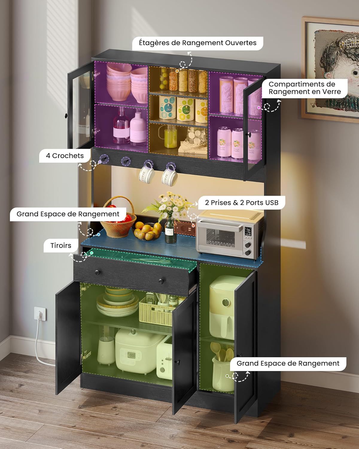 Meuble buffet cuisine - 103,5x40x180 cm - LED, multiprise, rangements