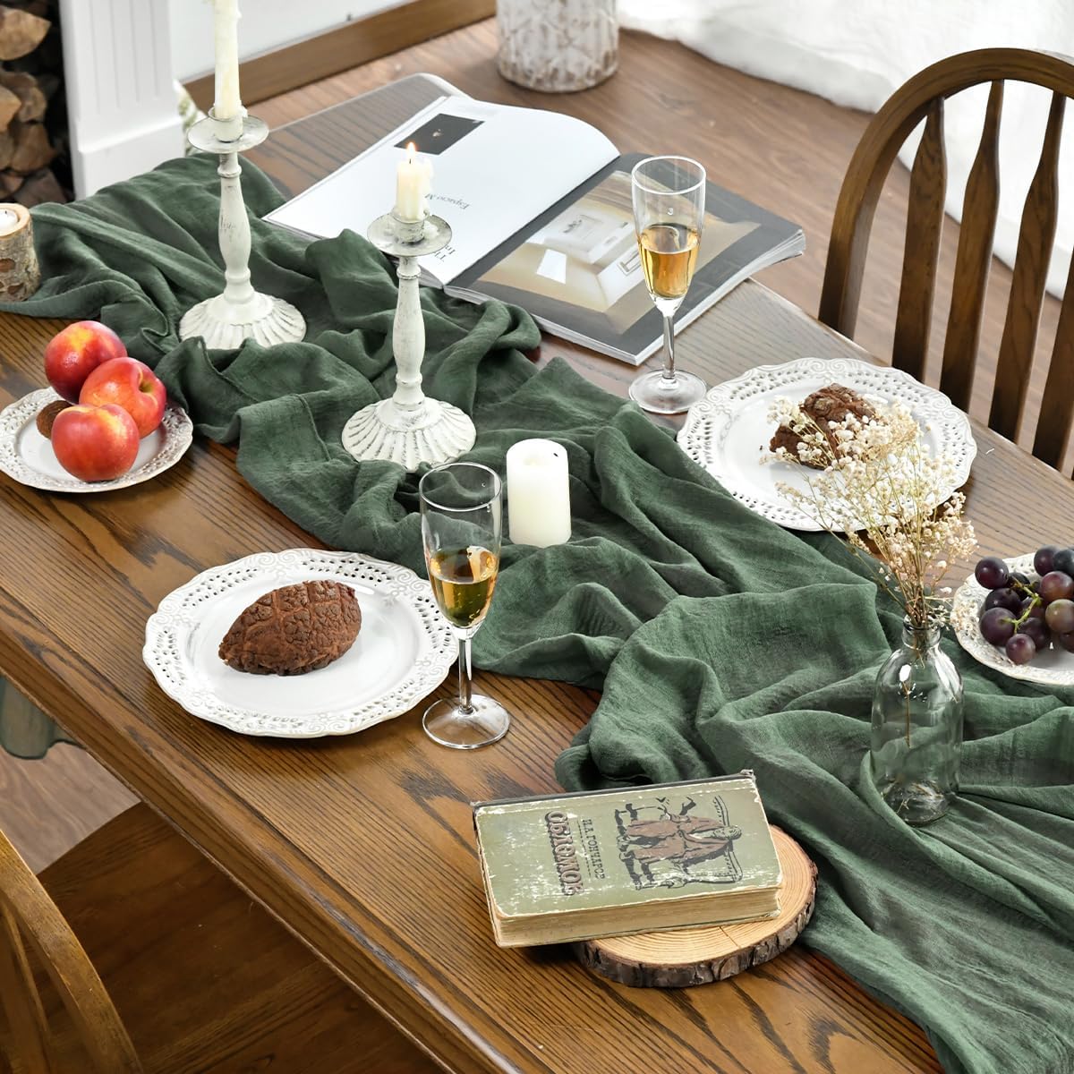 Artoid Mode - chemins de table bohème - 300 cm - gaze mousseline vert forêt, décoration mariage anniversaire