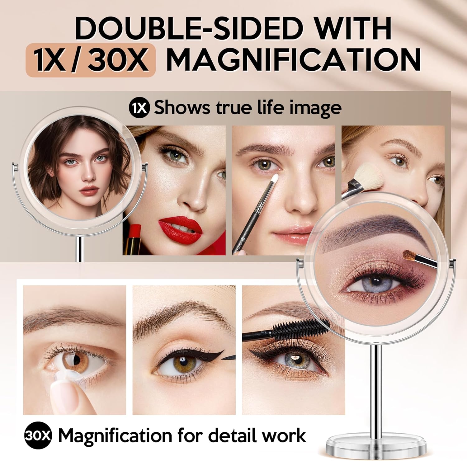 Miroir de maquillage double face, grossissement 30x/1x, sur pied, idéal chambre et salle de bain