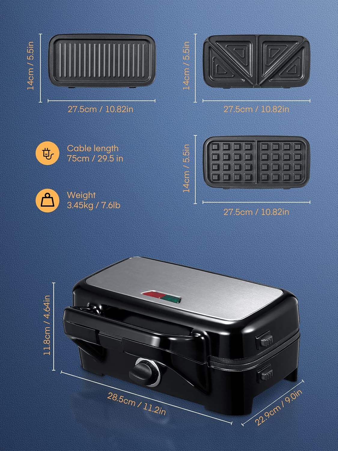 Gaufrier multifonction - 1200W, 5 vitesses, plaques amovibles, chauffe rapide, rangement vertical, noir