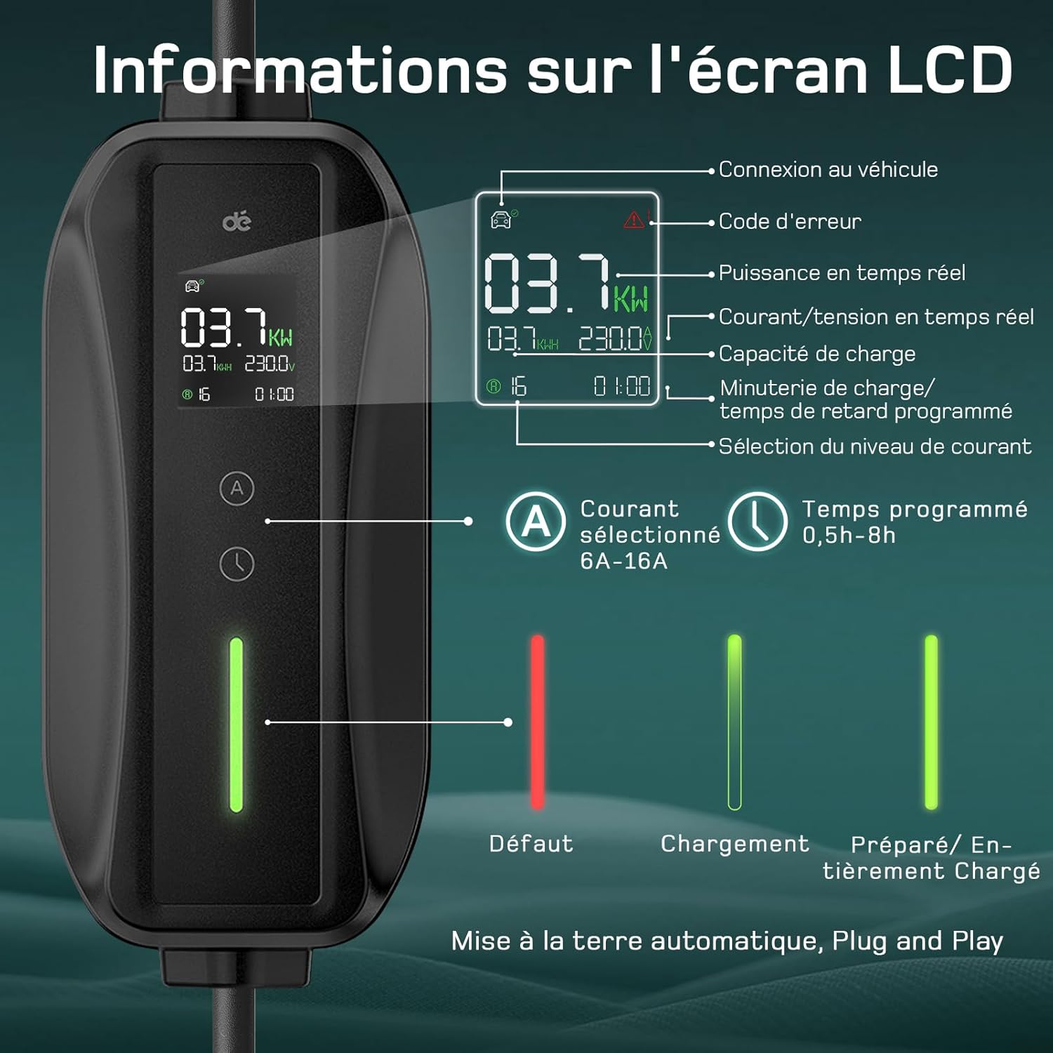 Chargeur voiture électrique - Type 2 - 8m - 3,68kW, écran LCD, 6/8/10/13/16A