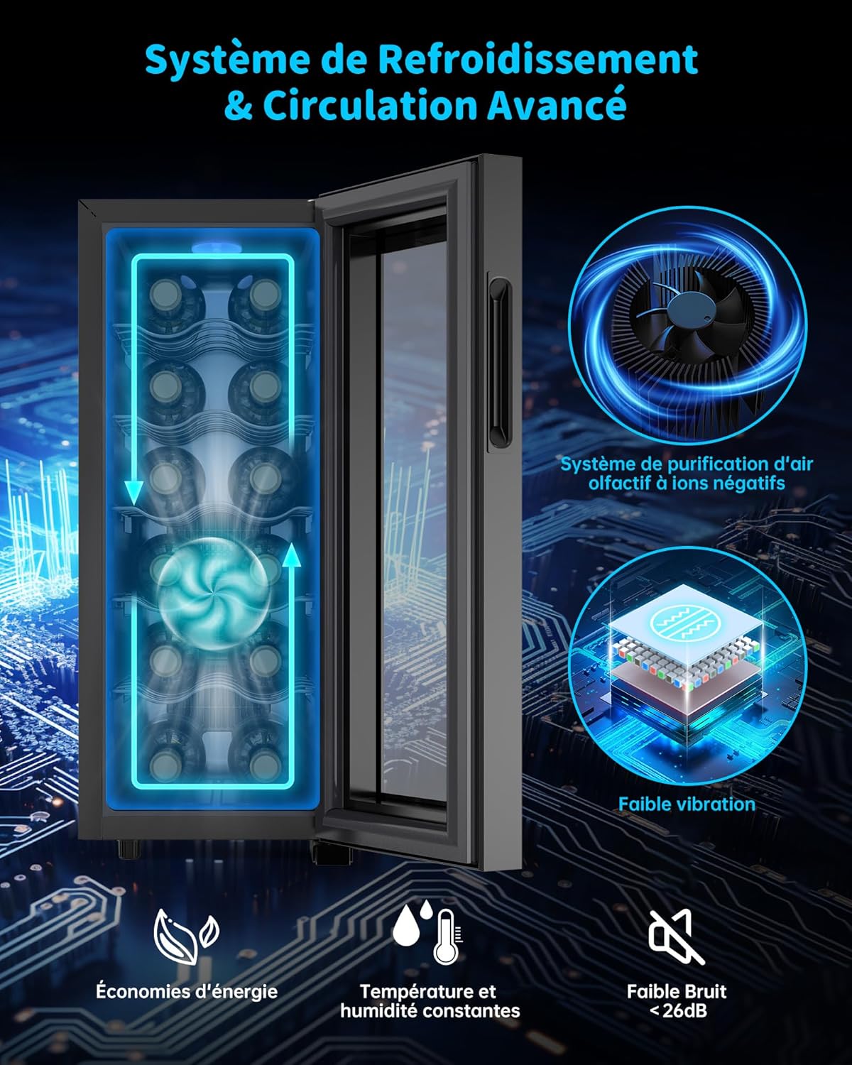 WIE - Cave à vin Mini - 33L - 12 bouteilles, miroir, LED, écran tactile