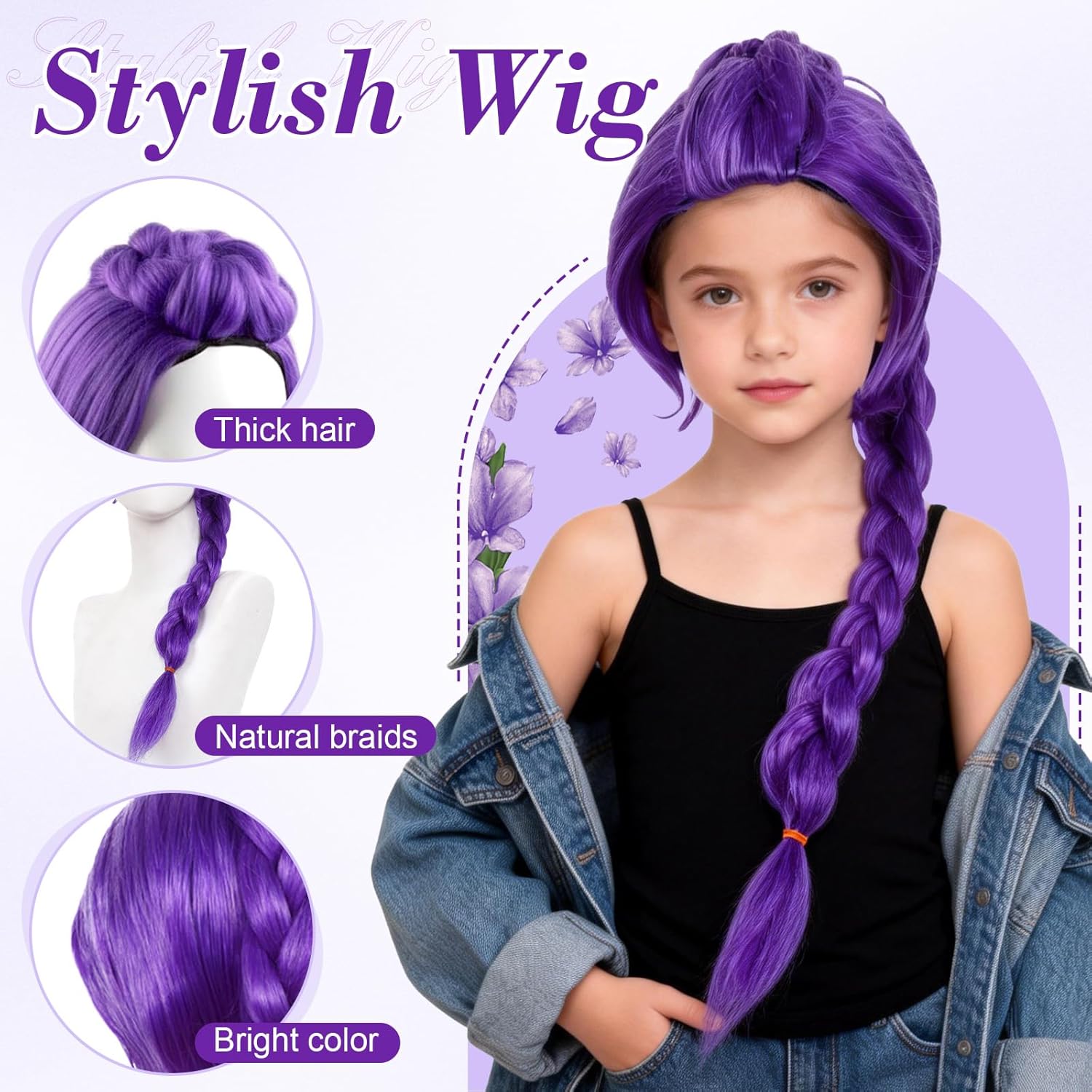 Perruque cosplay enfant tressée violette longue, réaliste, Halloween