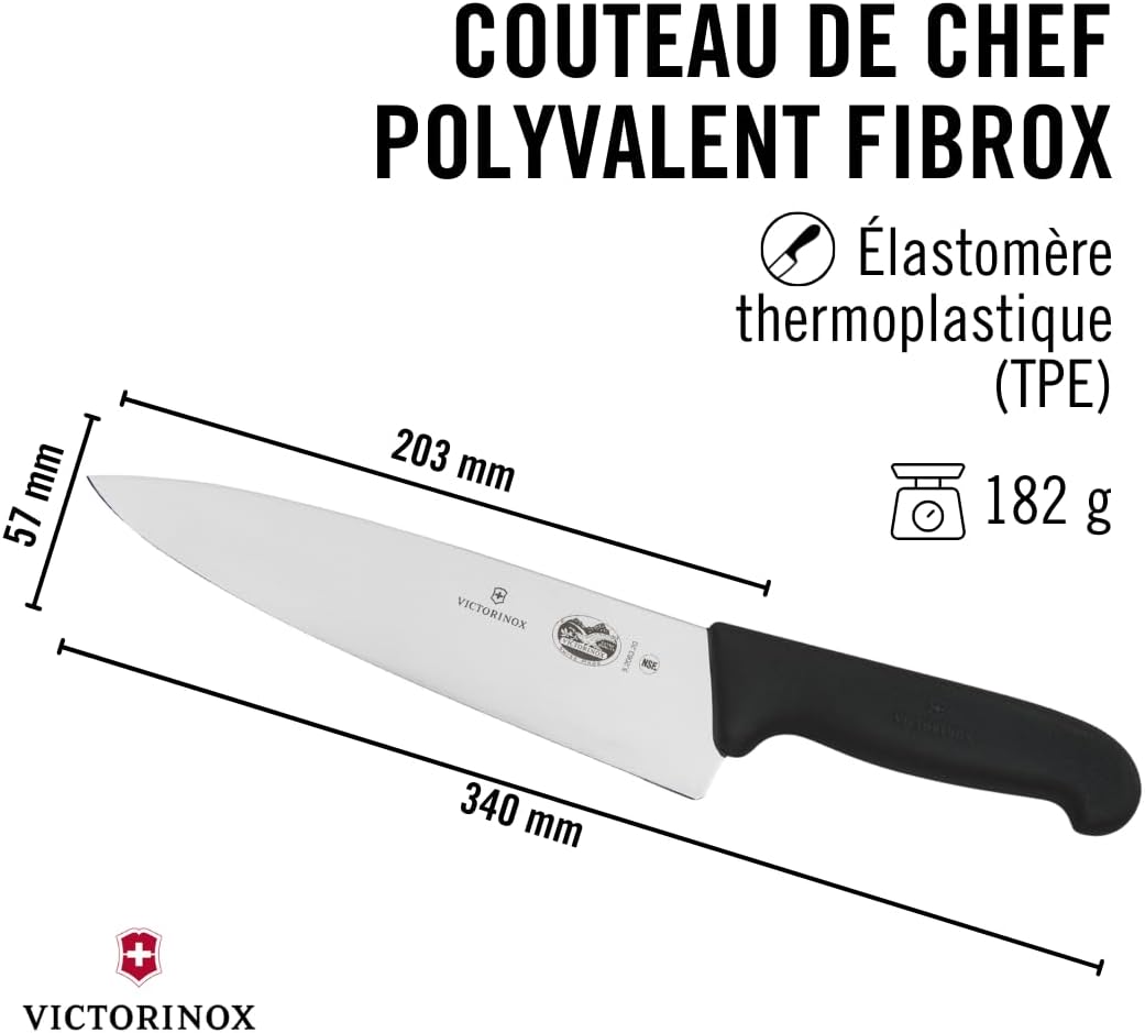 Victorinox - Fibrox Chef - 20 cm - Lame inox lisse, poignée ergonomique