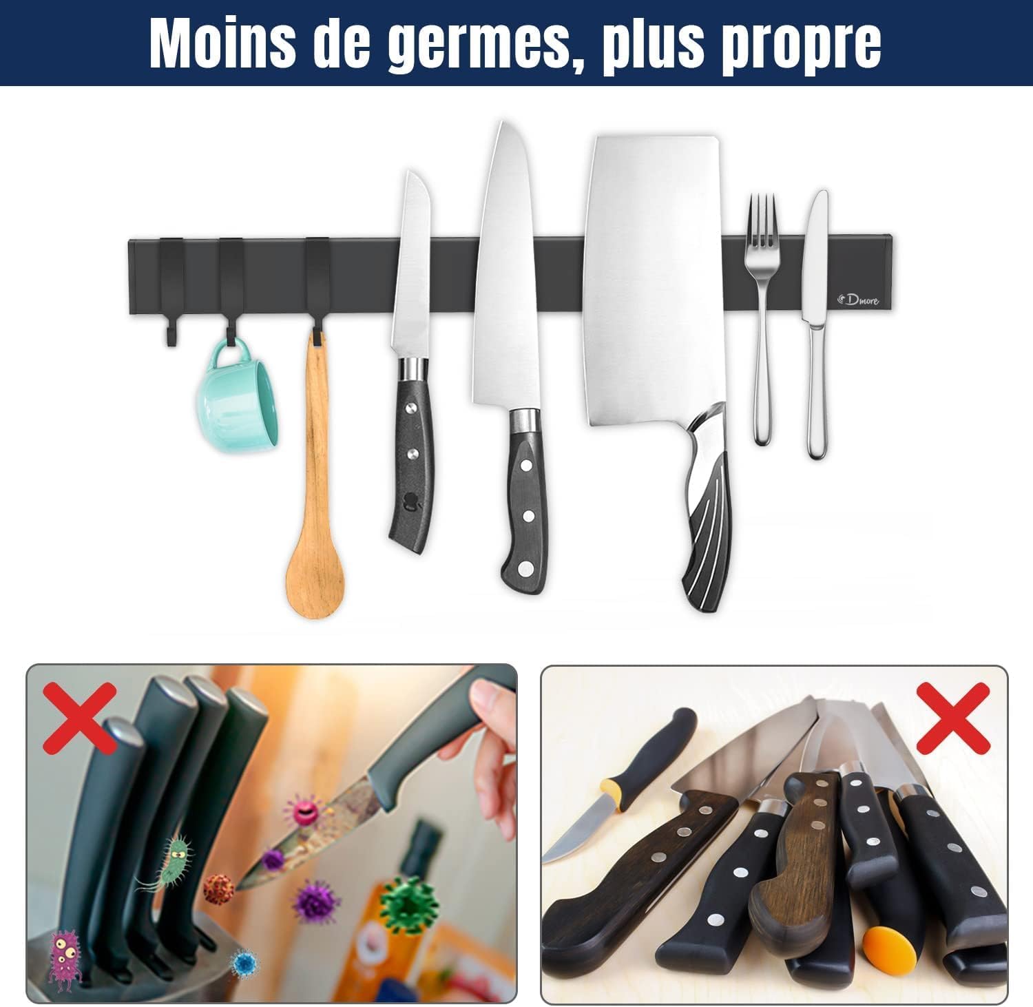 Dmore - porte couteaux aimanté, 40cm, 3 crochets, fixation adhésive