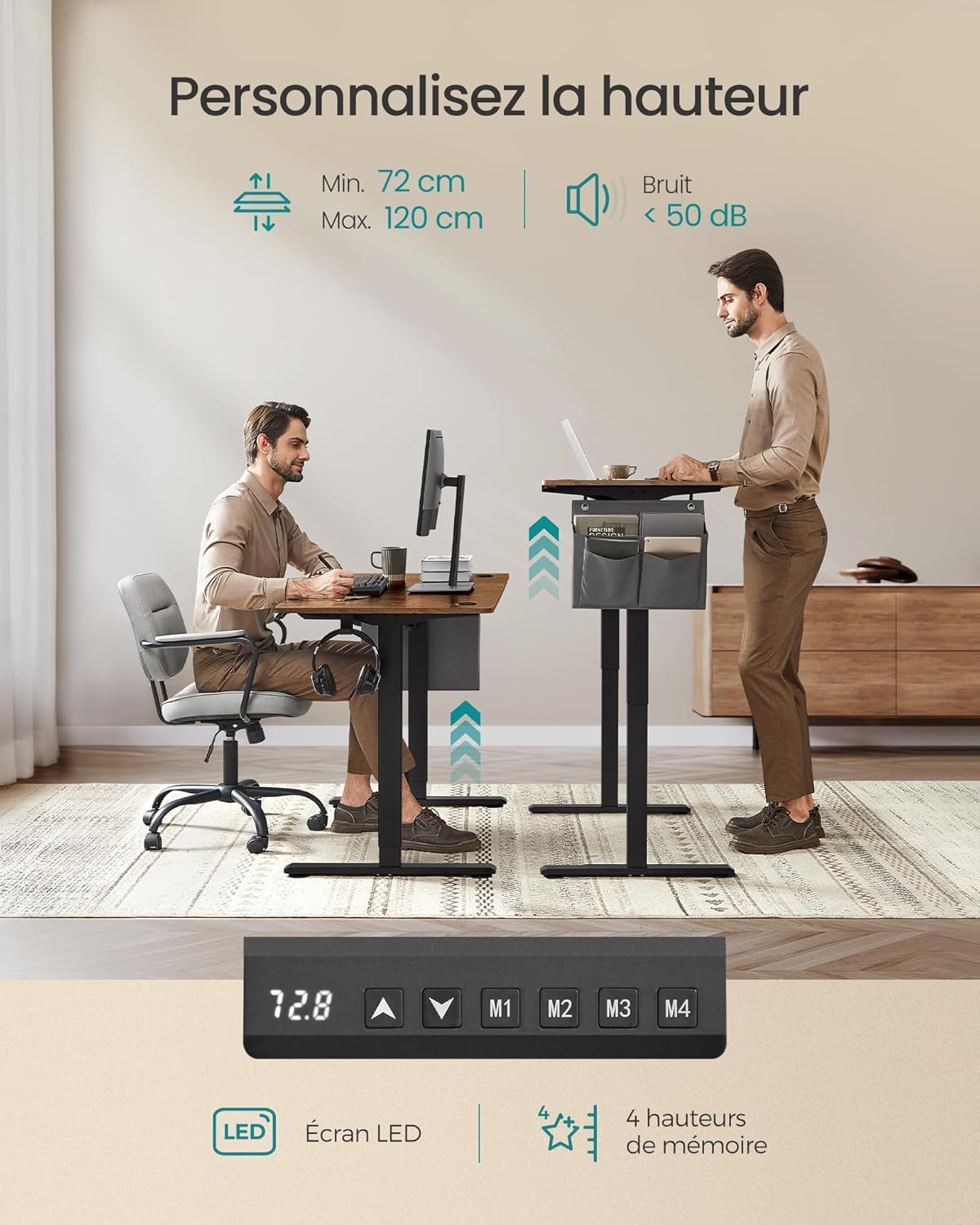 SONGMICS - bureau électrique réglable - 120x60 cm - 4 mémoires, assis-debout, marron rustique LSD132K01