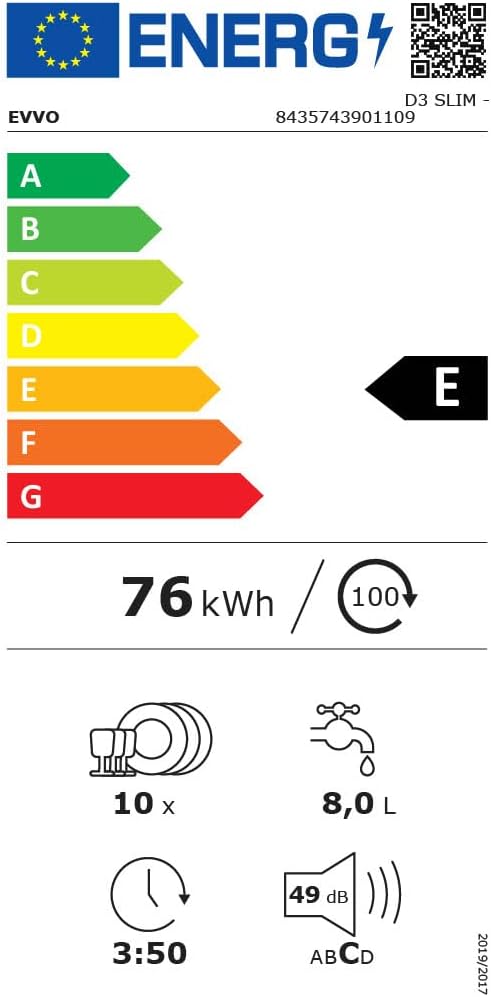 EVVO - D3 Slim - 45 cm - 10 couverts, 8 programmes, plateau réglable