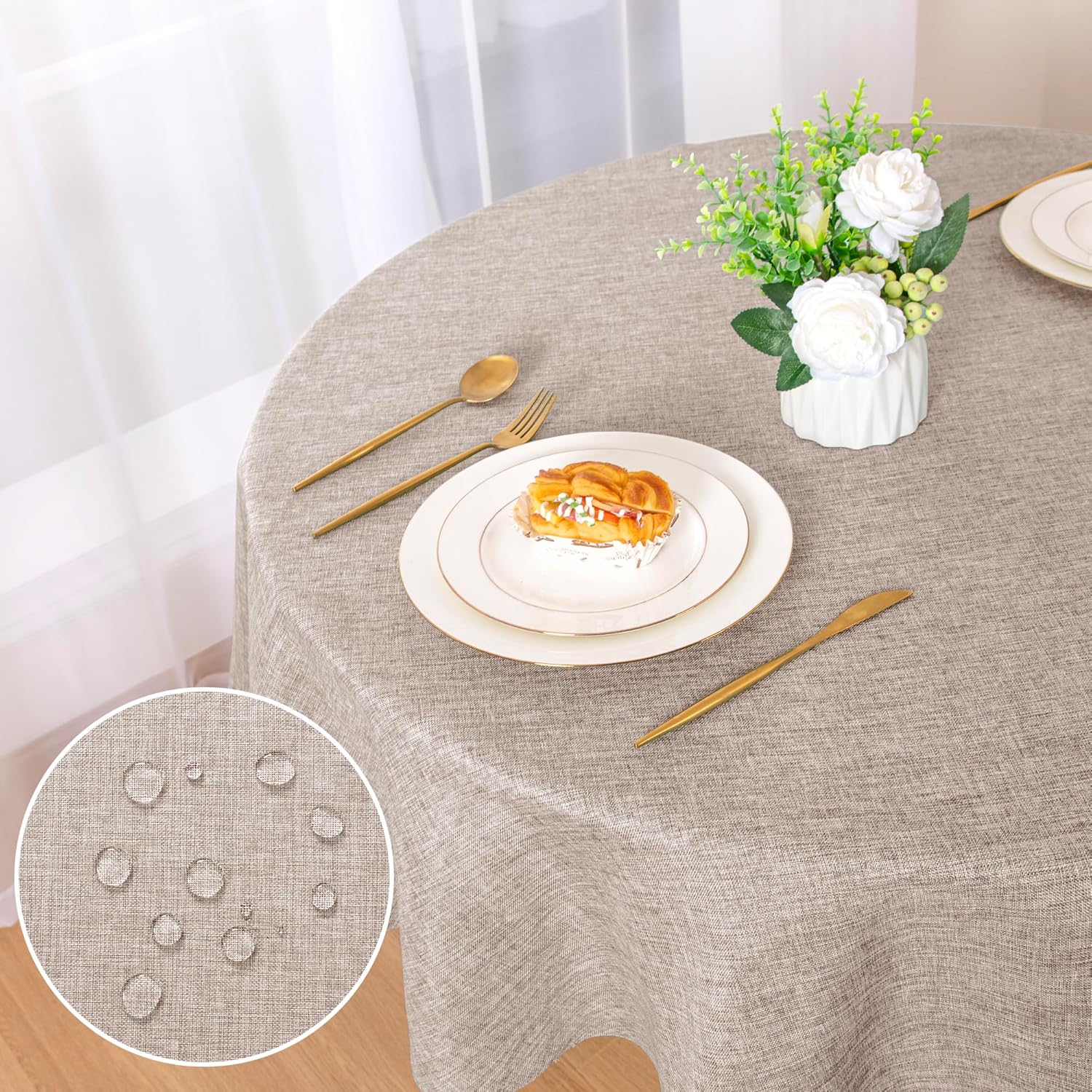 DWCN - effet lin lavable, imperméable - 180 cm rond - anti-tache