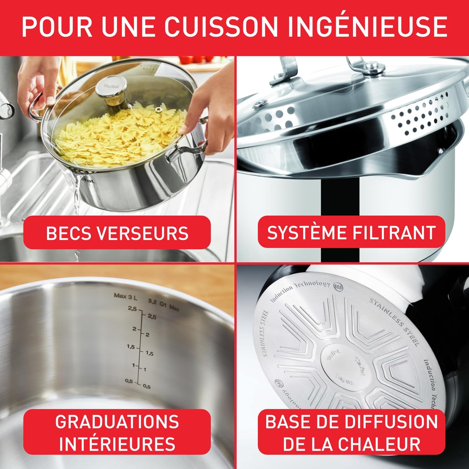 Tefal - Duetto - faitout 24cm inox induction, couvercle filtrant