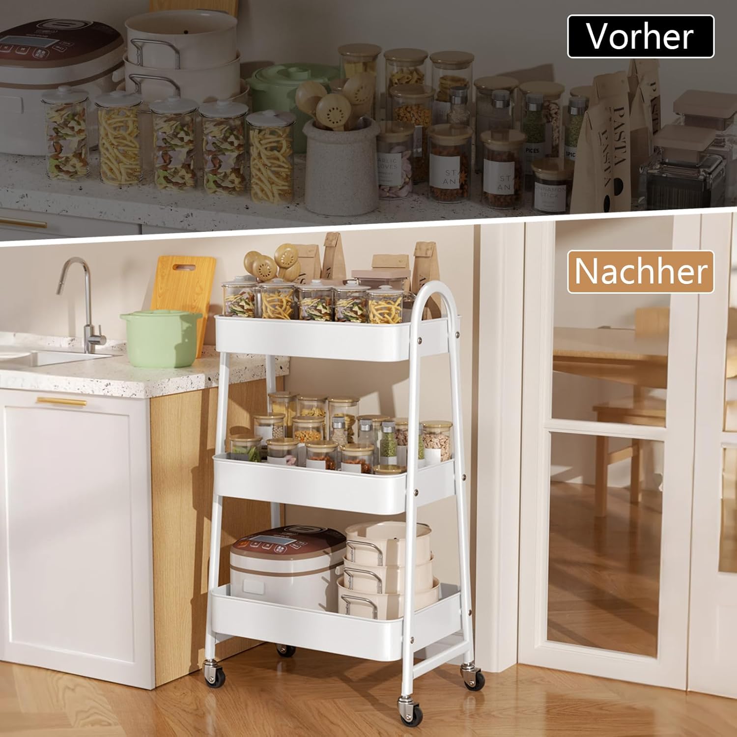 Chariot mobile 3 niveaux - métal, roulettes, 2 freins - blanc