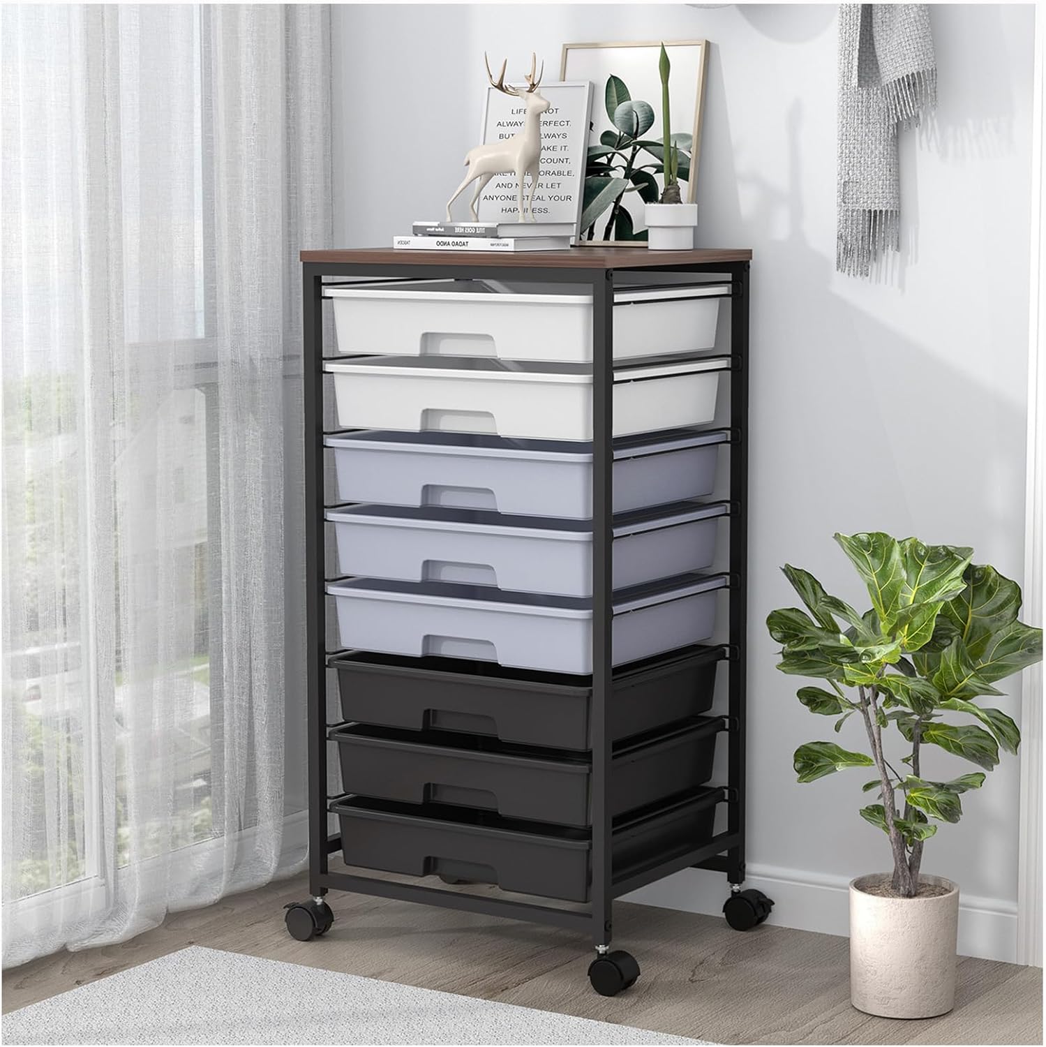 Chariot de salle de bain - 8 tiroirs, roulettes, plateau bois, grande capacité, gris