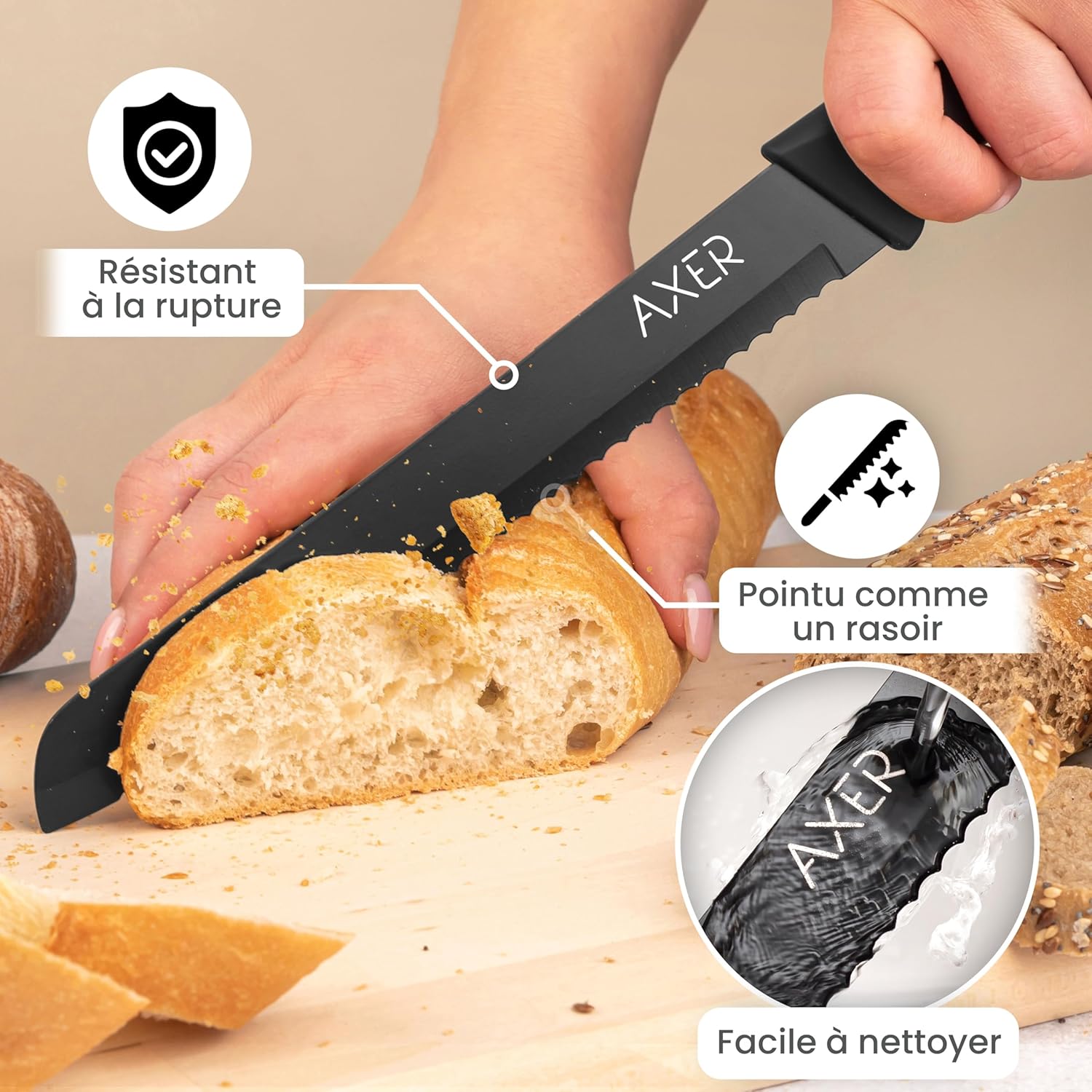 Couteau à pain - étui inclus, lame noire, boîte de rangement
