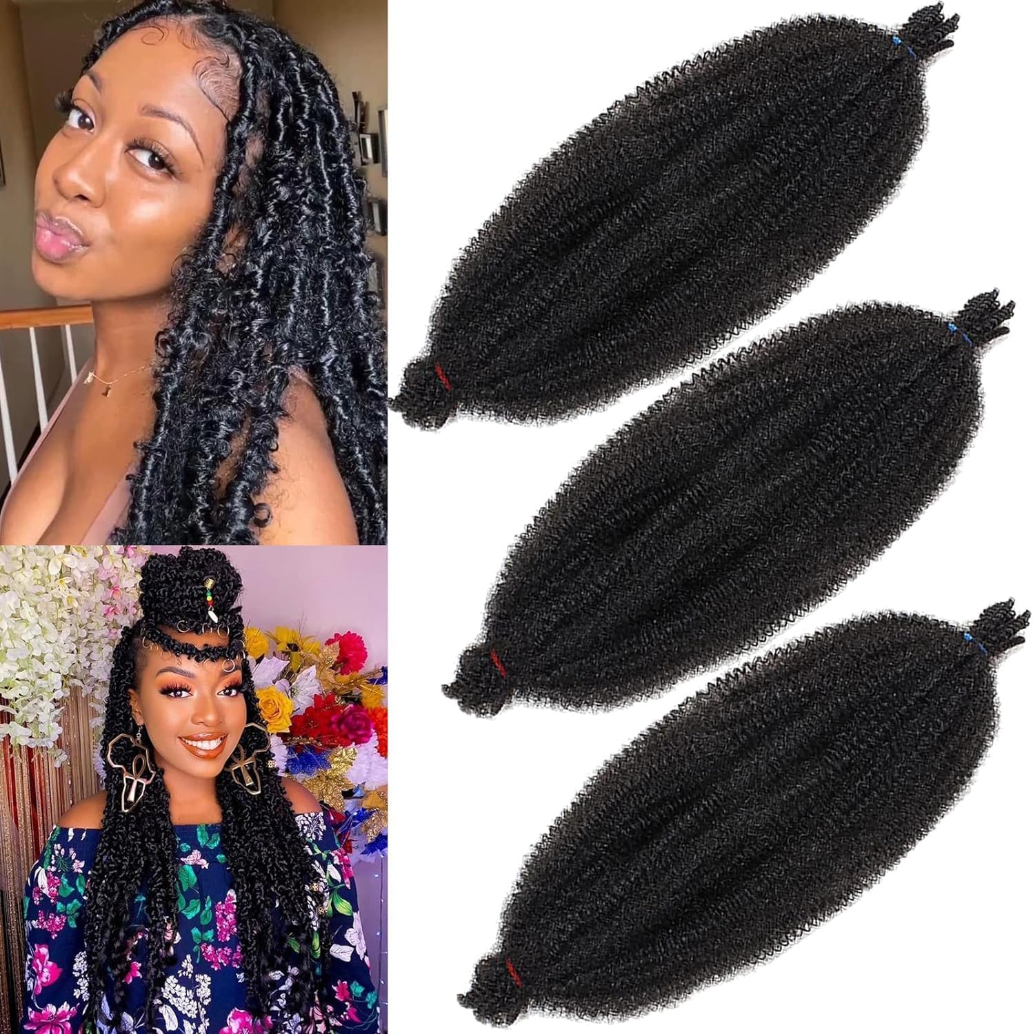 Xtrend - Soft Springy Afro Twist - 16 pouces - 3 packs, cheveux prérépartis, synthétiques, spécial faux locs, 1B#