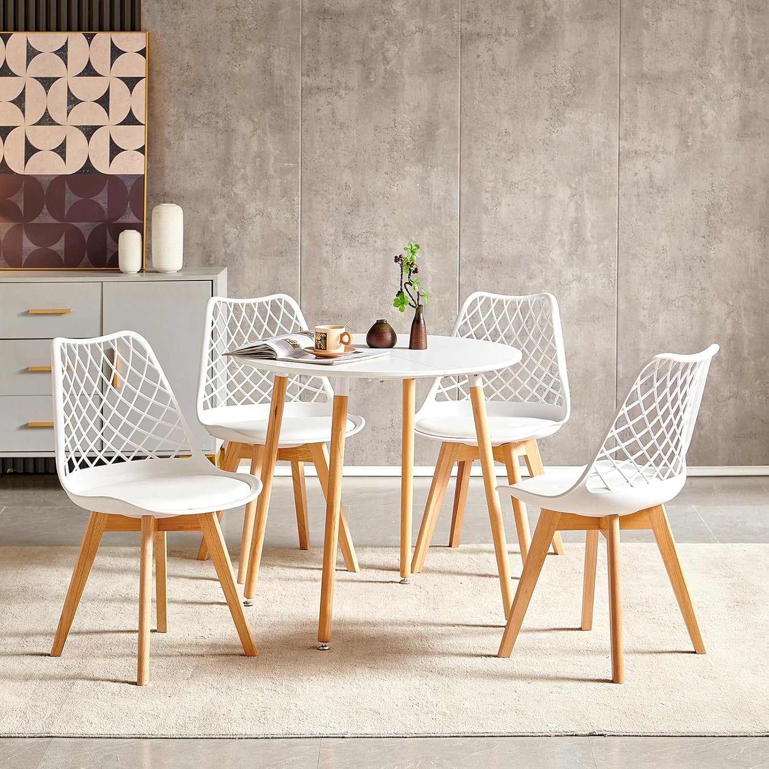 Eggree - Lot de 8 chaises scandinaves blanches, bois hêtre, assise creusée, coussin, motifs ajourés, testées SGS