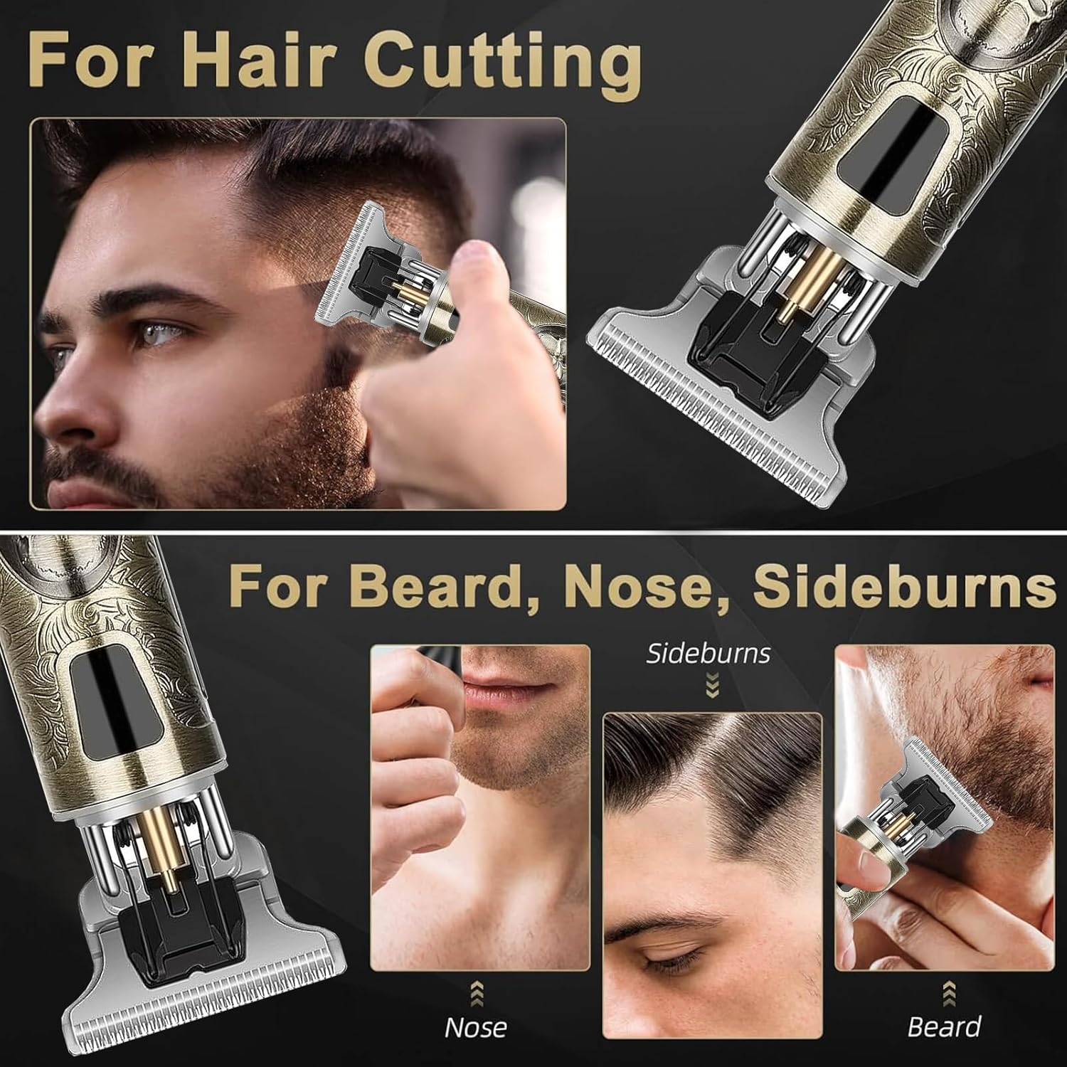 Tondeuse cheveux homme - squelette - 4 peignes, lame T, IPX7, USB