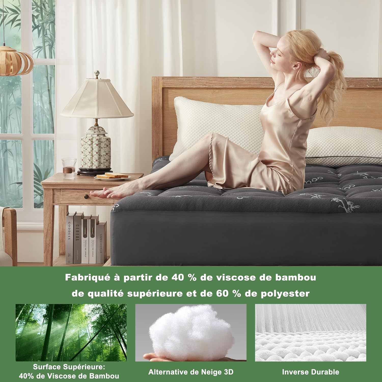 BEDLORE - Surmatelas 180x200 cm - Bambou, Oeko-Tex, bonnet 40 cm
