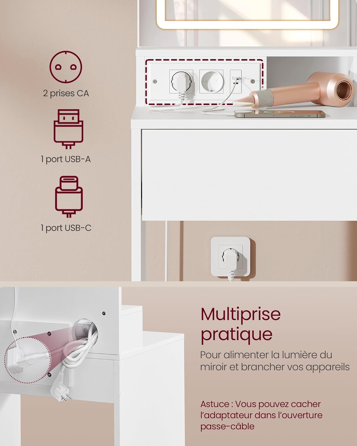 VASAGLE - Kailyn Collection - coiffeuse LED, tabouret, tiroir, 2 étagères, multiprise, blanc - RDT738W01