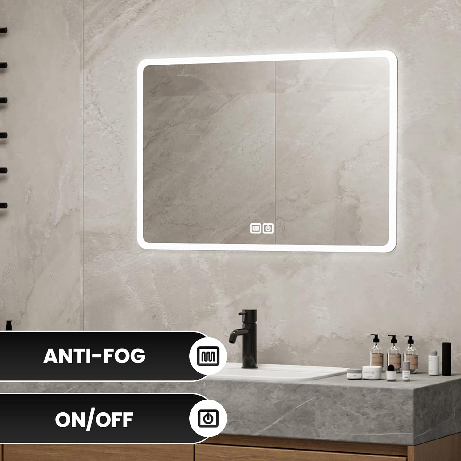Bayt - miroir LED mural, 75x52cm, antibuée, 3 lumières, moderne