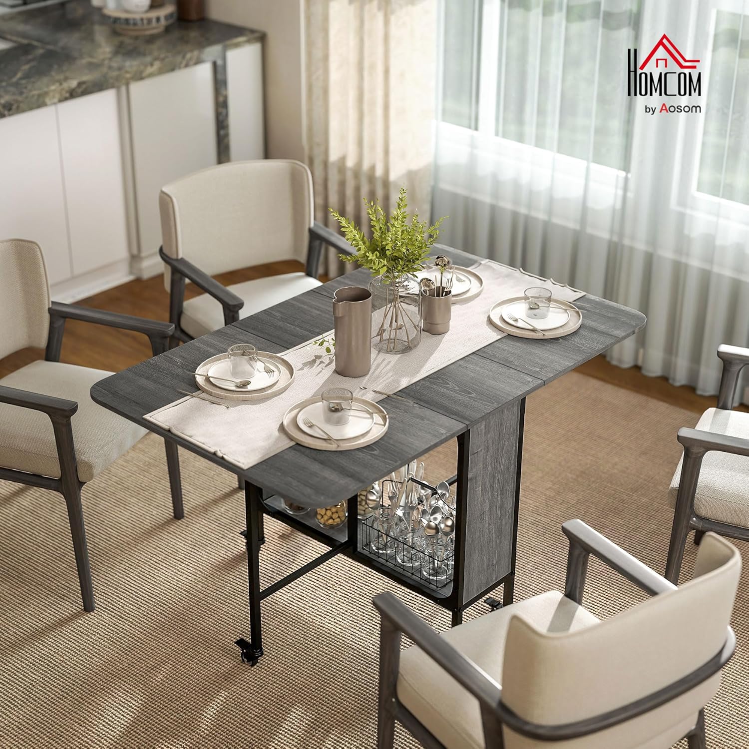 HOMCOM - Table pliante avec roulettes, 130x80x74cm, 6 personnes, étagère intégrée