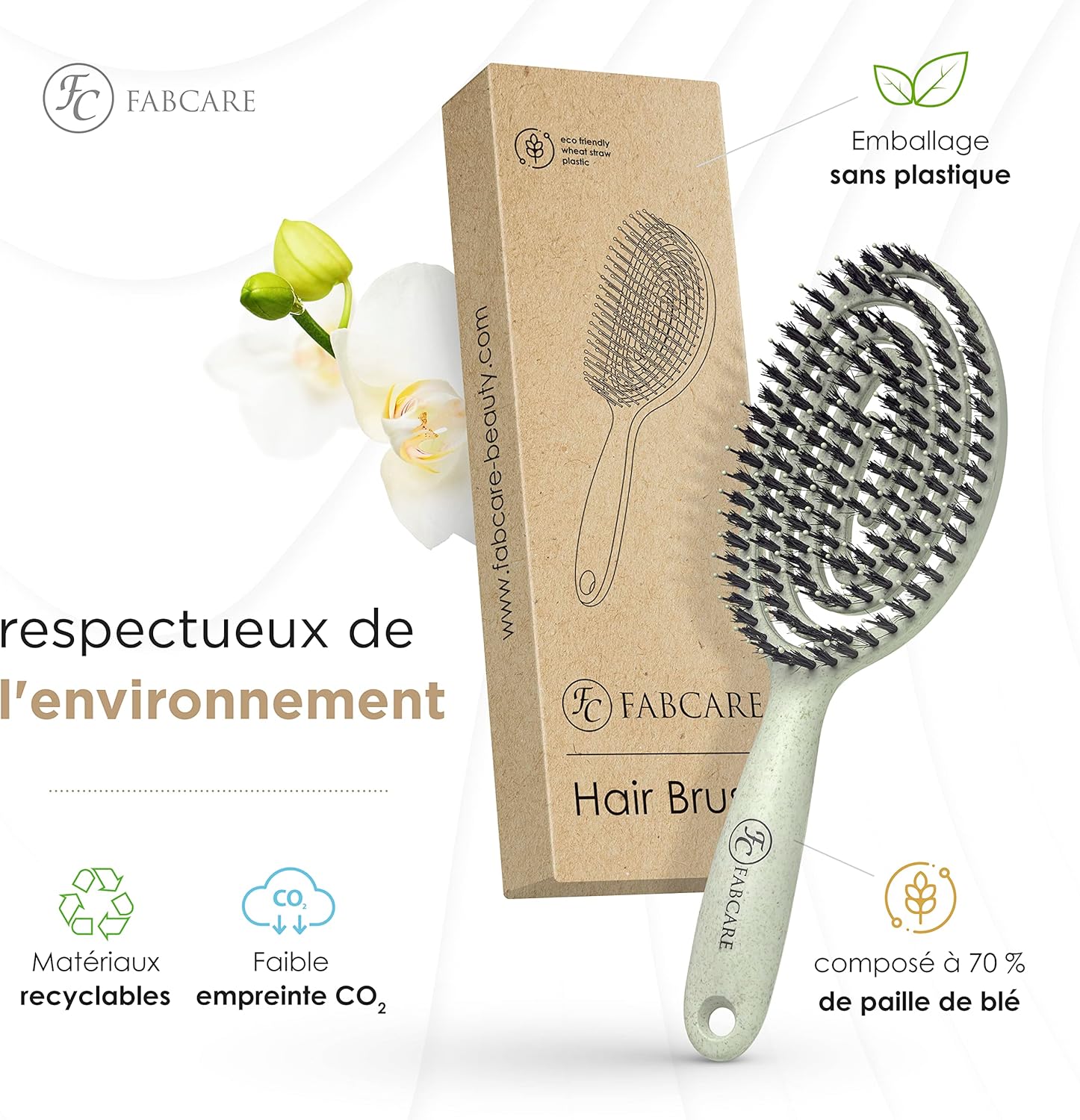 FABCARE - Brosse sanglier double ressort - verte - démêlage sans douleur