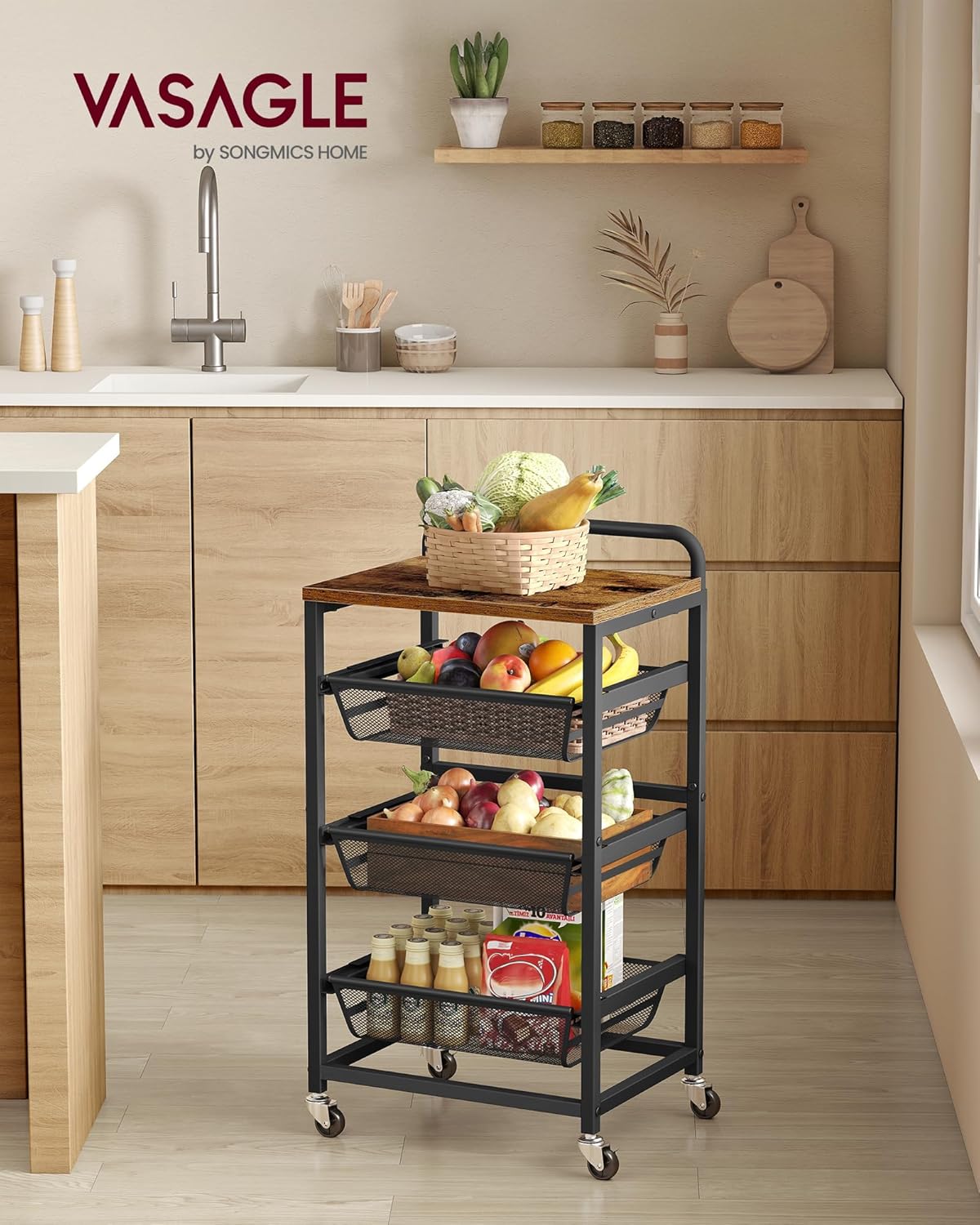 VASAGLE - Chariot de rangement 4 niveaux, paniers extractibles, 31,7x40x76cm, poignée, roulettes, LRC040K01