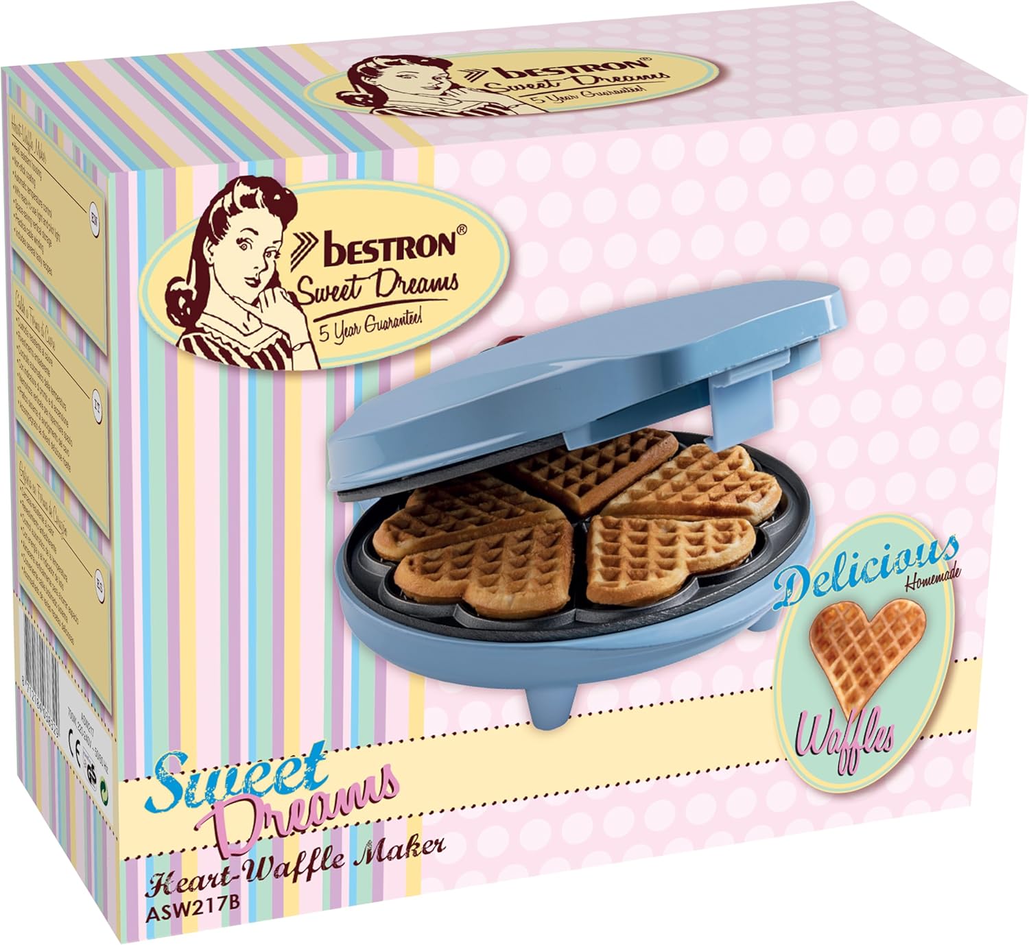 Bestron - Gaufrier classique cœur - 700W, antiadhésif, bleu rétro