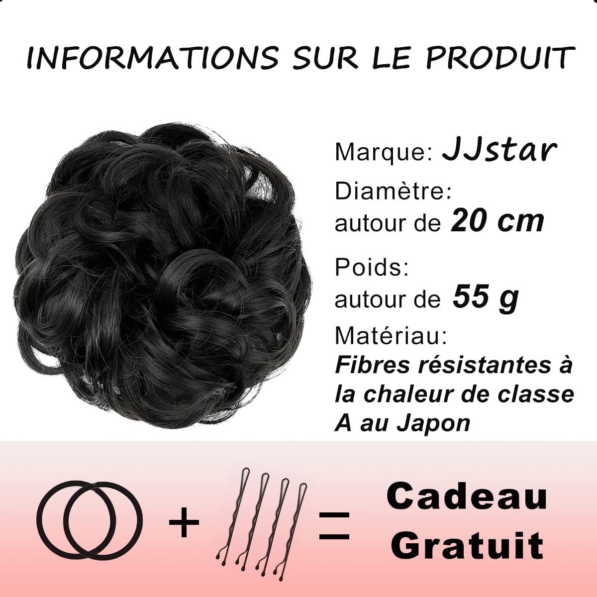 JJstar - Chignon postiche bouclé, élastique, noir naturel, volumineux