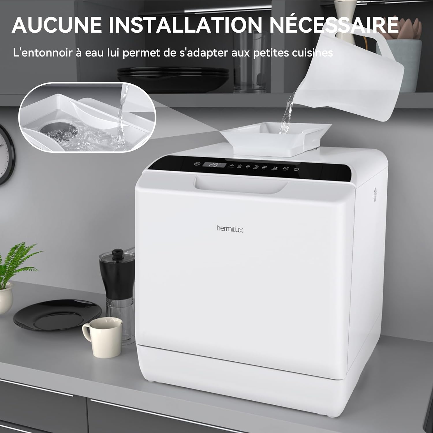 Hermitlux - Mini lave-vaisselle compact 43cm, 4 couverts, robinet ou autonomie, 175kWh/an, blanc